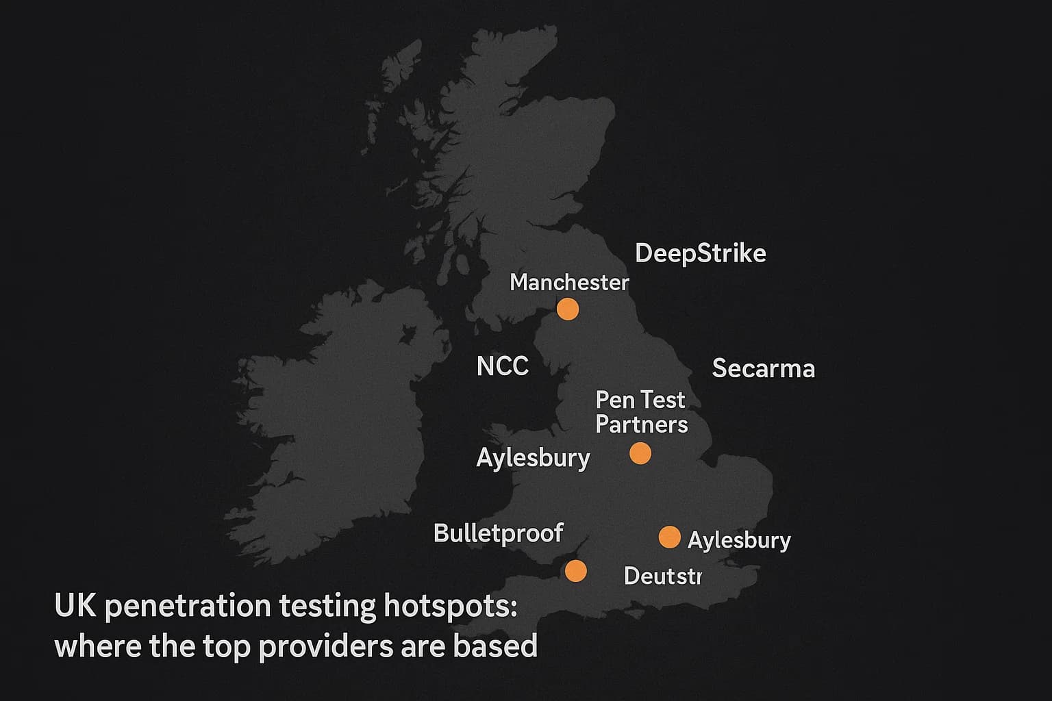 Map of the United Kingdom highlighting headquarters of top penetration testing companies in London, Manchester, Coventry, Aylesbury, and Stevenage.