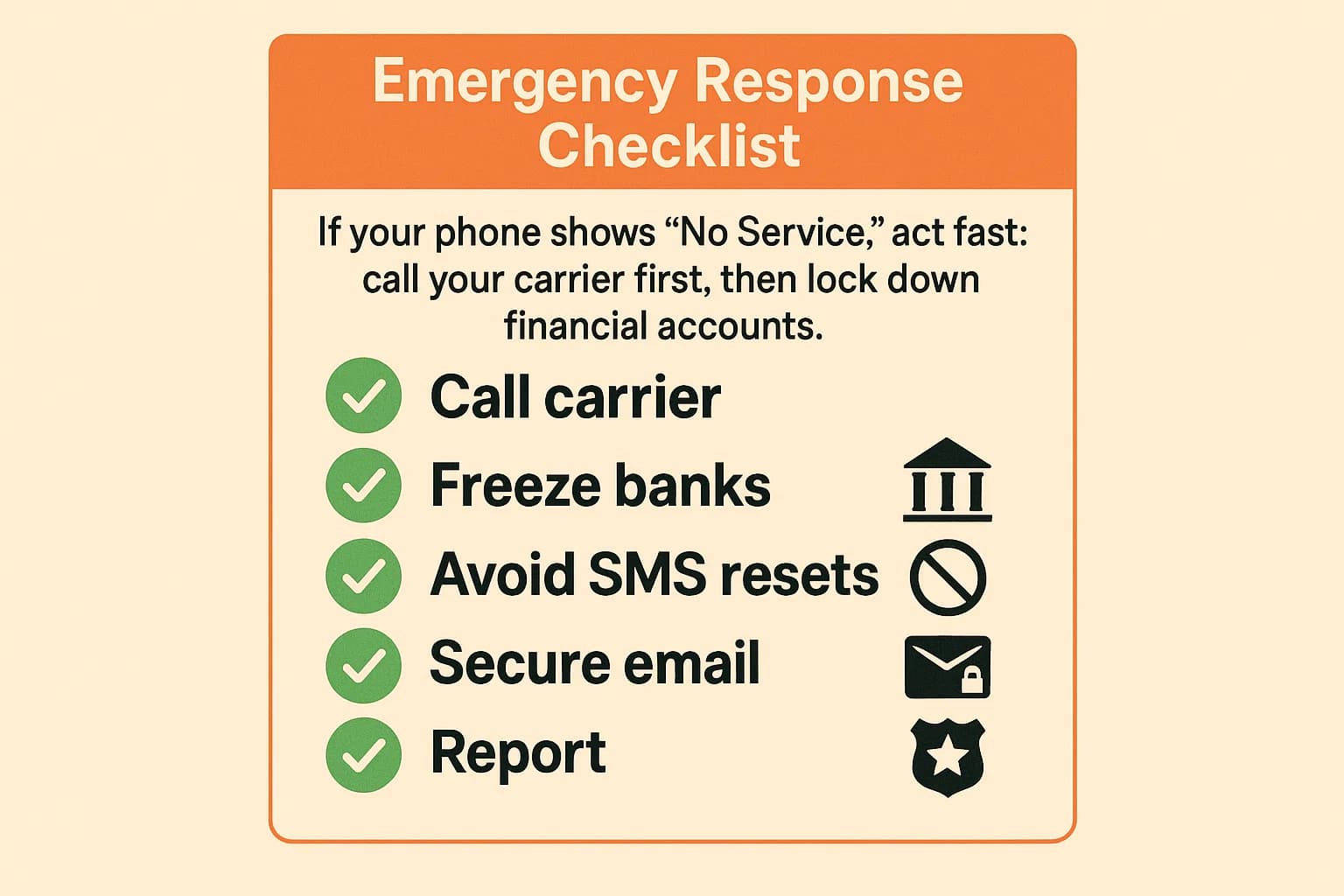 Infographic checklist showing emergency steps for SIM swap victims: carrier, banks, passwords, email, law enforcement.