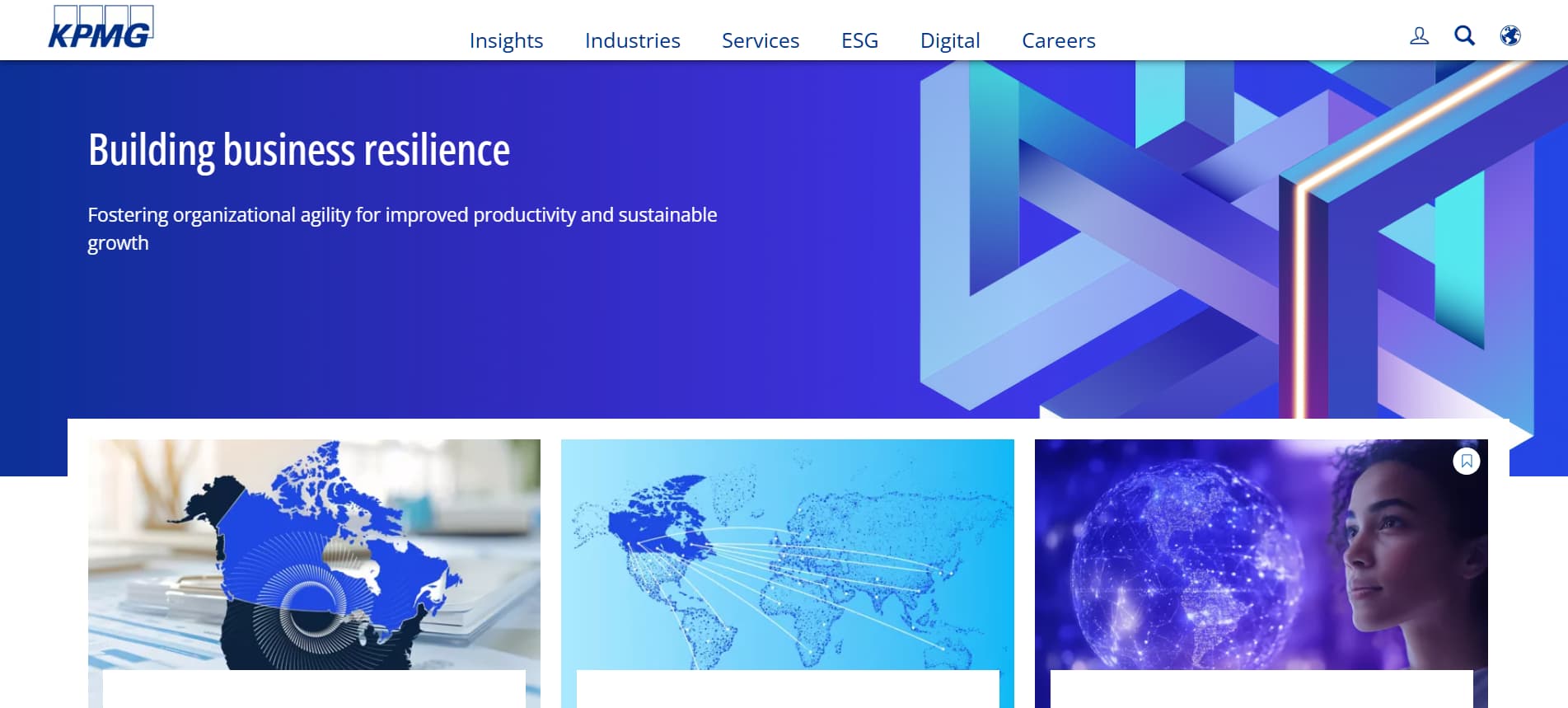 "KPMG Canada website banner promoting organizational resilience and sustainable growth, with visuals of global connectivity, Canada-focused consulting, and digital innovation services including cybersecurity and penetration testing."