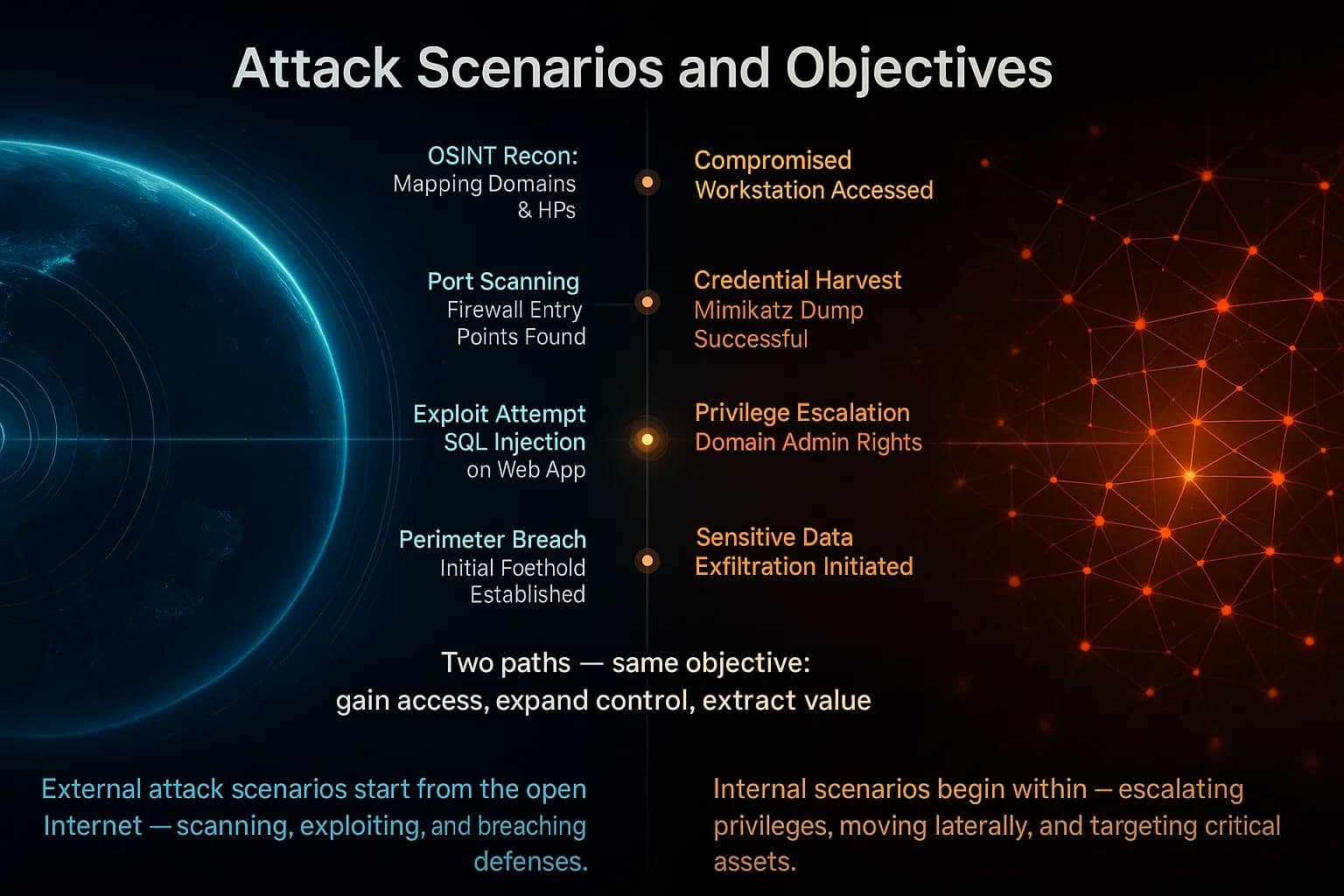 An animated mirrored sequence (split-screen format) — left side depicting the external attacker journey from outside-in, and the right side showing the internal attacker moving inside the network. Each half follows an attack chain timeline with glowing markers for reconnaissance, scanning, exploitation, privilege escalation, and data exfiltration.