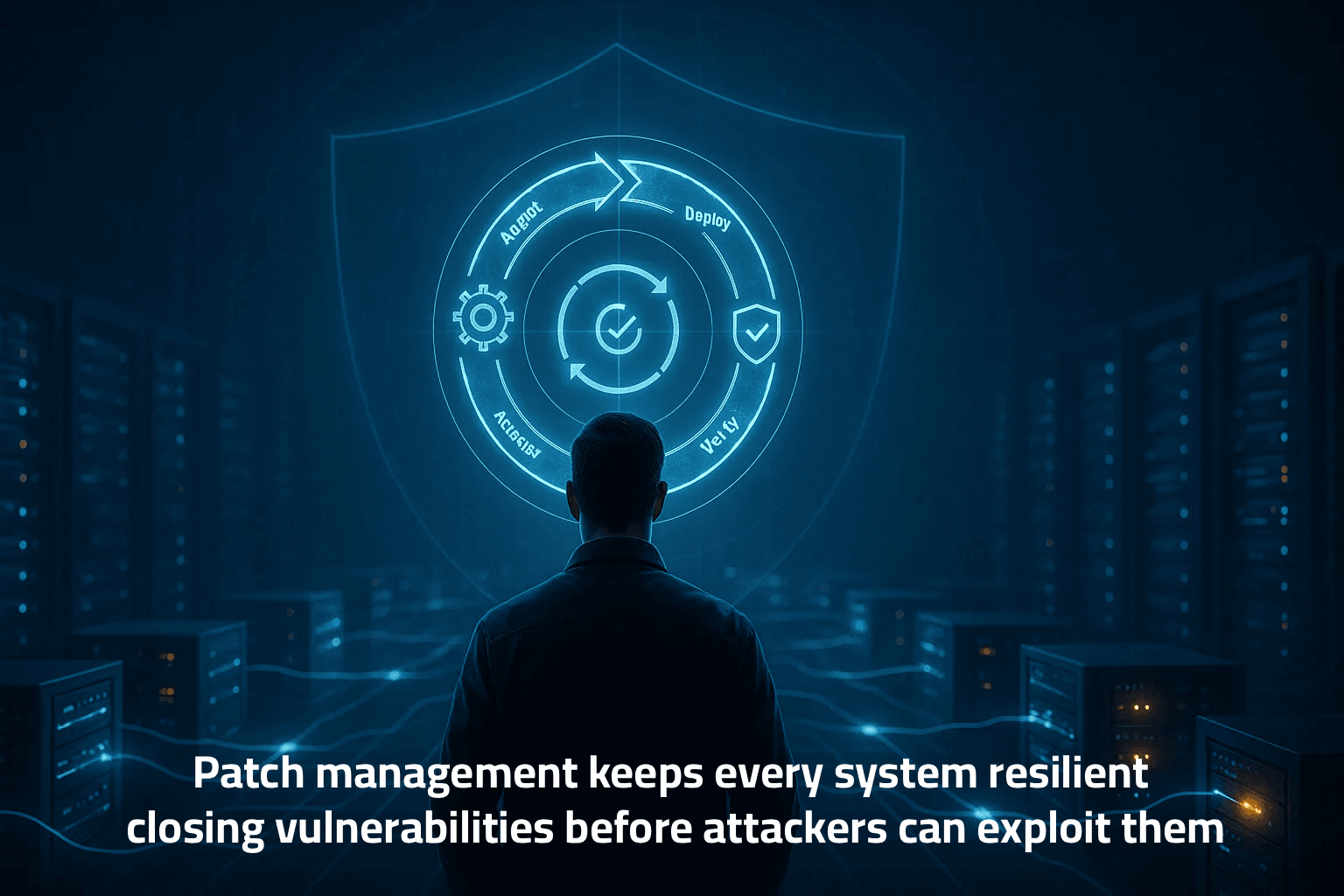 Cybersecurity engineer monitoring a holographic patch management interface as updates deploy across connected systems.