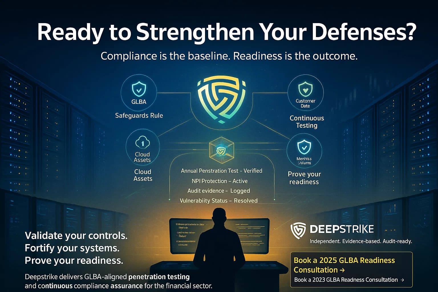 Digital illustration showing a cybersecurity leader activating a holographic defense console labeled with GLBA compliance elements and DeepStrike’s logo at the center, symbolizing proactive readiness and financial data protection.