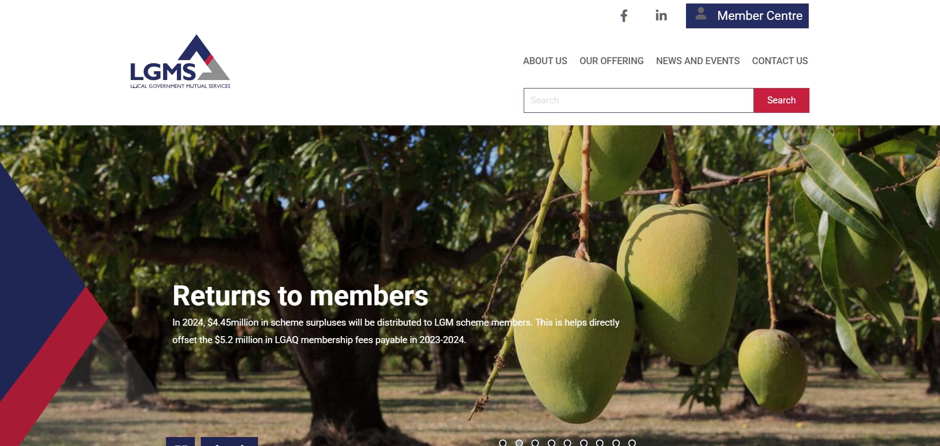Alt: “LGMS local government mutual services website header with mango tree image and ‘Returns to members’ financial announcement banner.”