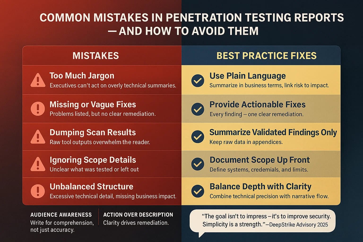 “Split infographic comparing common report mistakes on the left (red zone) with best-practice corrections on the right (gold-blue zone), emphasizing clarity and actionability.”
