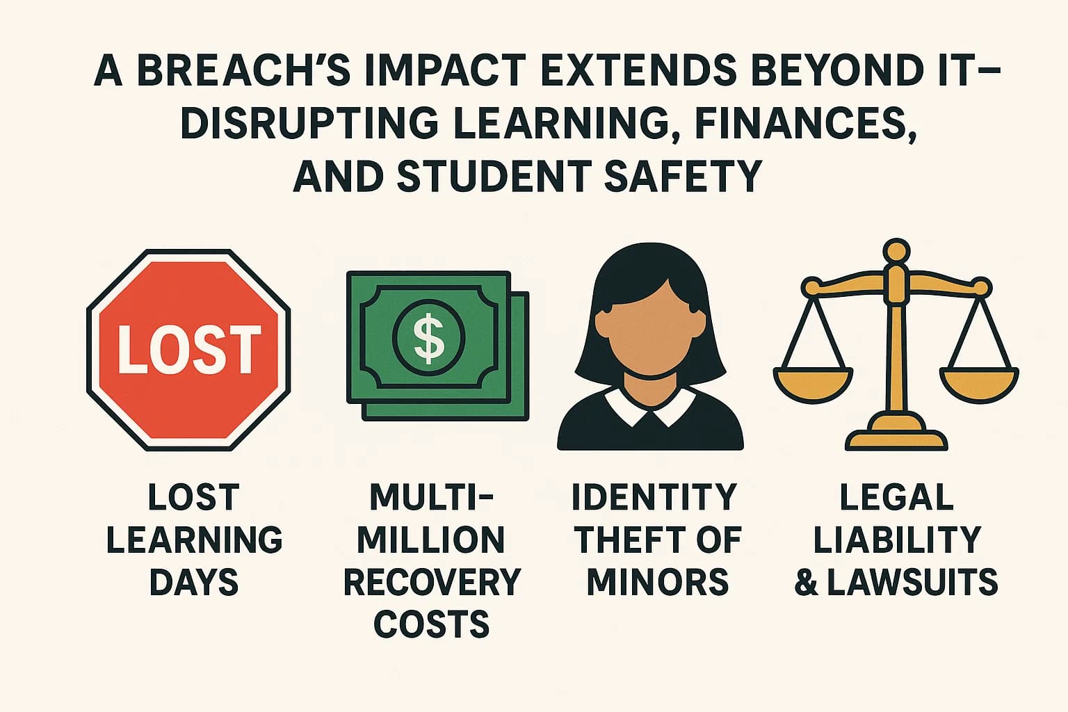 Infographic with icons showing impacts of school data breaches: lost learning, financial costs, student identity theft, and legal risks