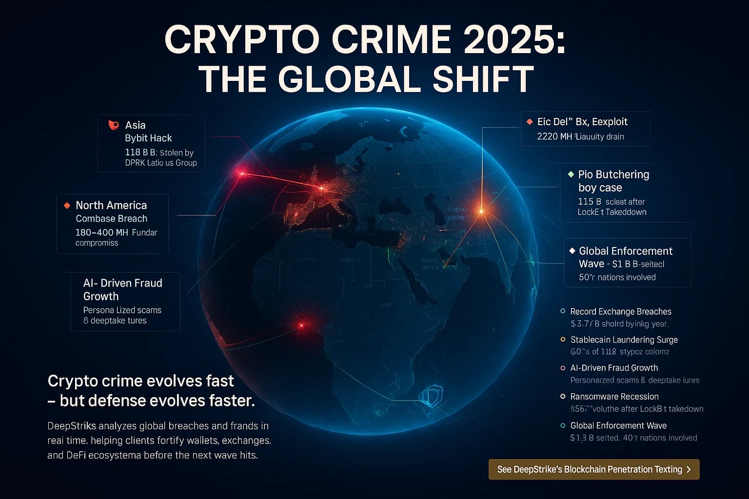 Digital illustration of a rotating holographic Earth showing global crypto crime hotspots, data trails, and 2025 trend highlights, representing DeepStrike’s intelligence and defensive monitoring of blockchain threats.