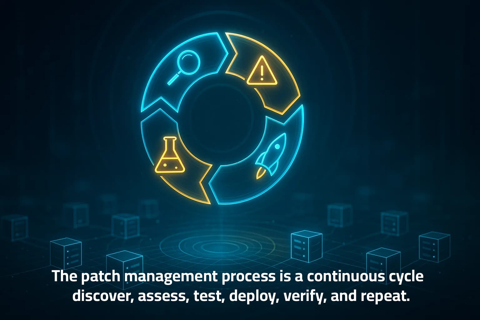 Holographic circular diagram illustrating the five stages of the patch management lifecycle in a secure digital network.