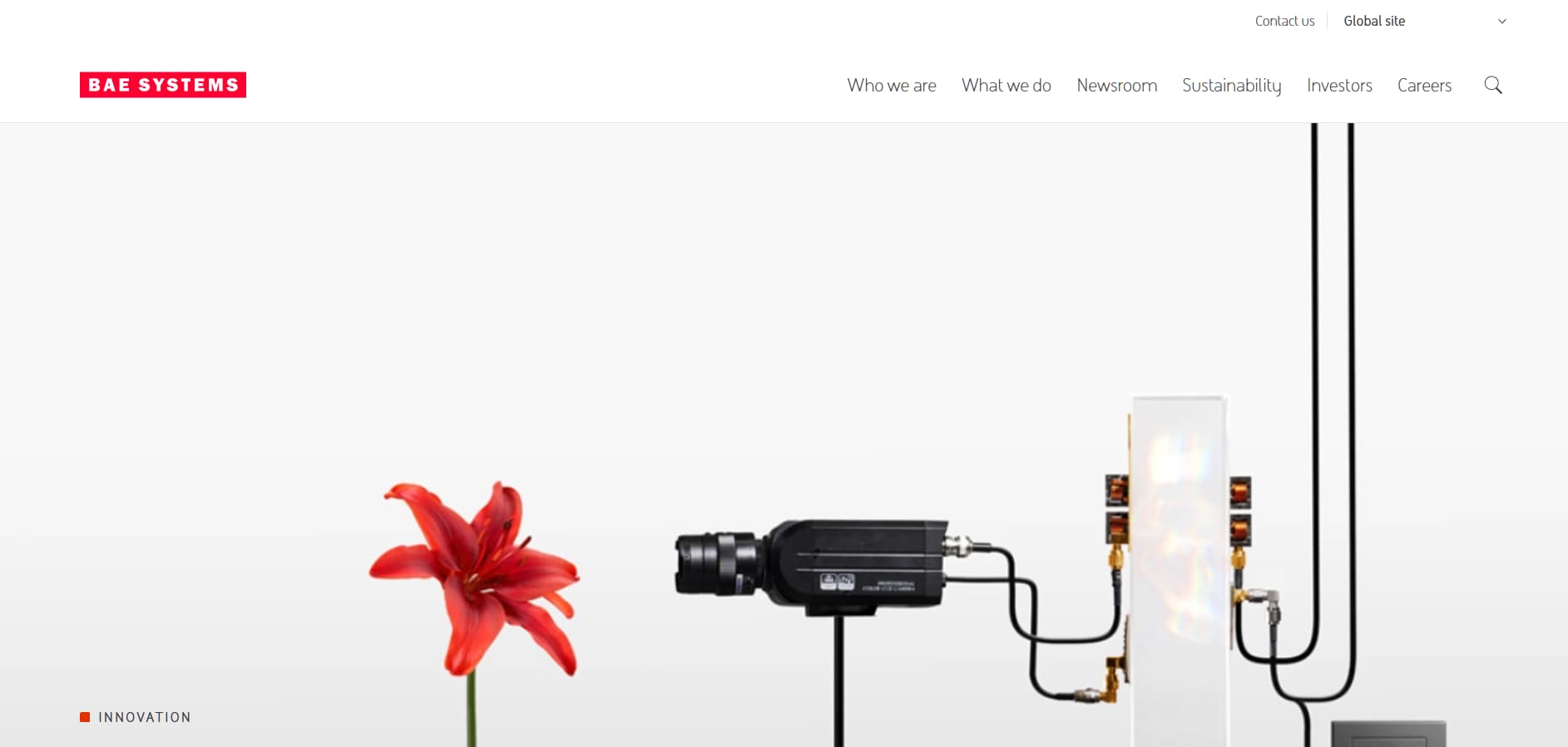 BAE Systems innovation banner showing red flower and industrial camera sensor setup on white background.
