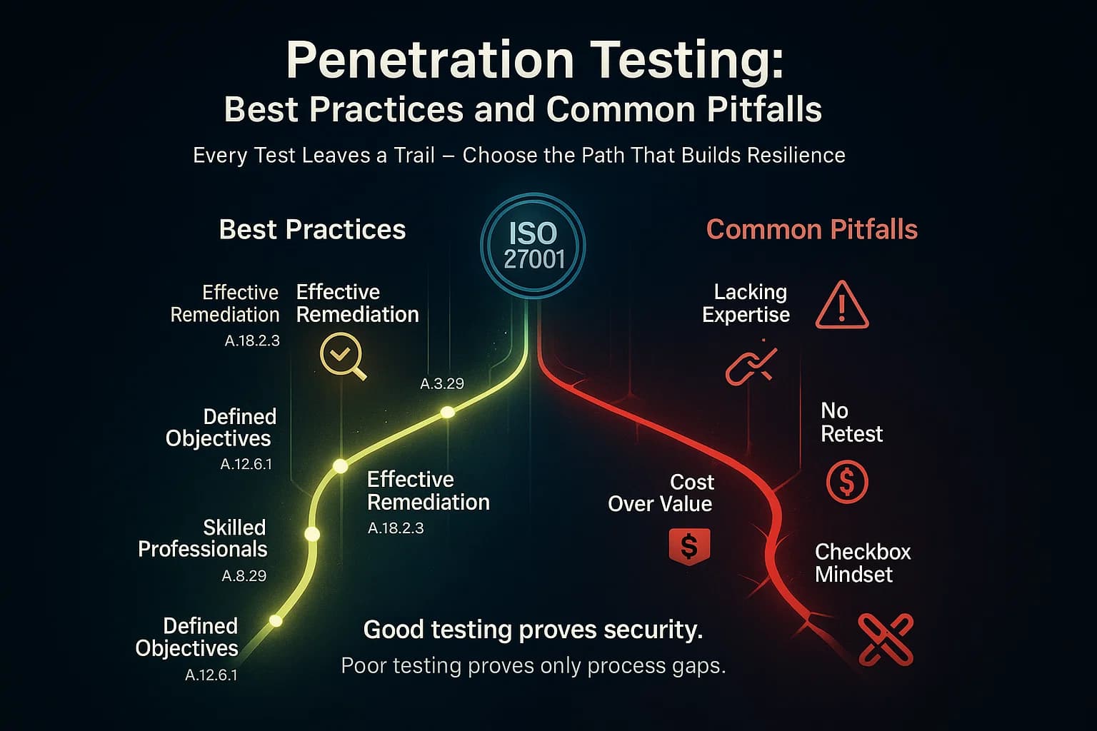 Infographic showing two diverging paths labeled “Best Practices” and “Common Pitfalls,” each with icons and labels illustrating effective versus flawed ISO 27001 penetration-testing habits.
