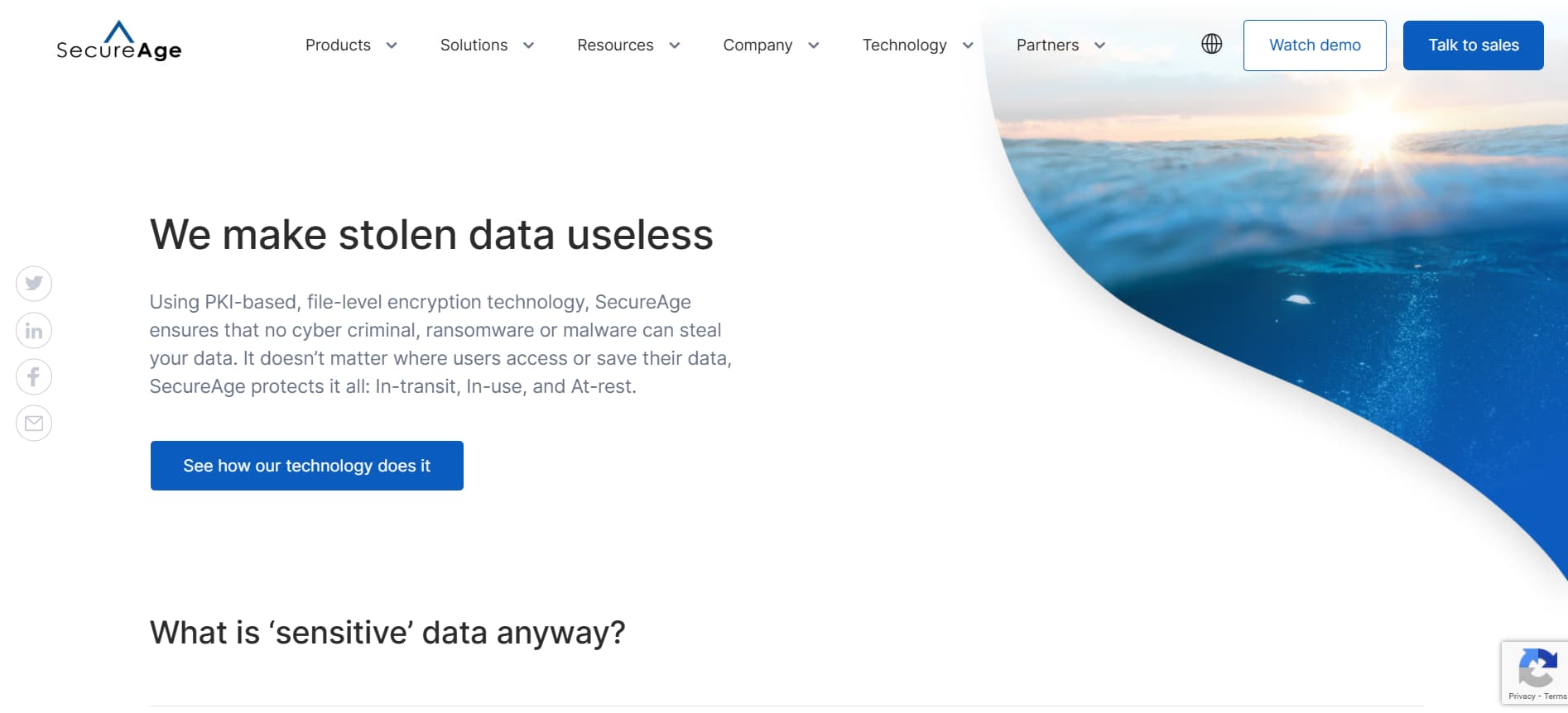 “SecureAge website hero stating ‘We make stolen data useless,’ with a blue and white design explaining PKI-based file-level encryption and data protection.”