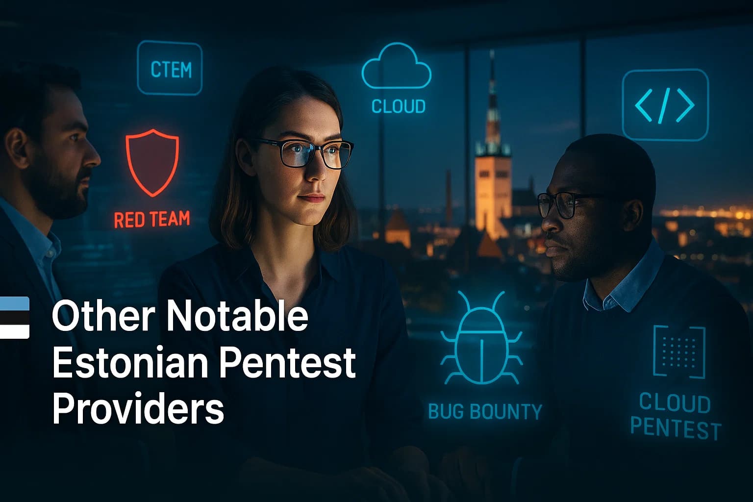 Collage of cybersecurity professionals and Tallinn skyline with holographic icons symbolizing diverse Estonian penetration testing providers — red teaming, CTEM, code audits, and bug bounty platforms.