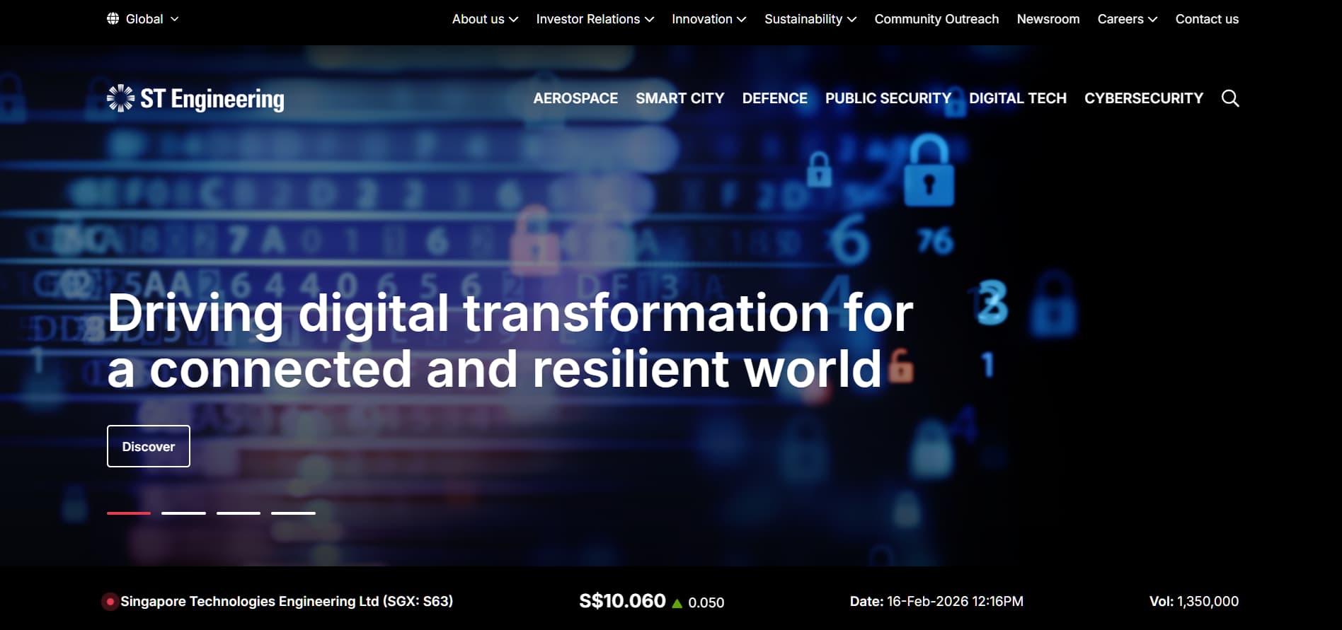 “ST Engineering digital transformation and cybersecurity hero banner with lock icons and blue tech background”
