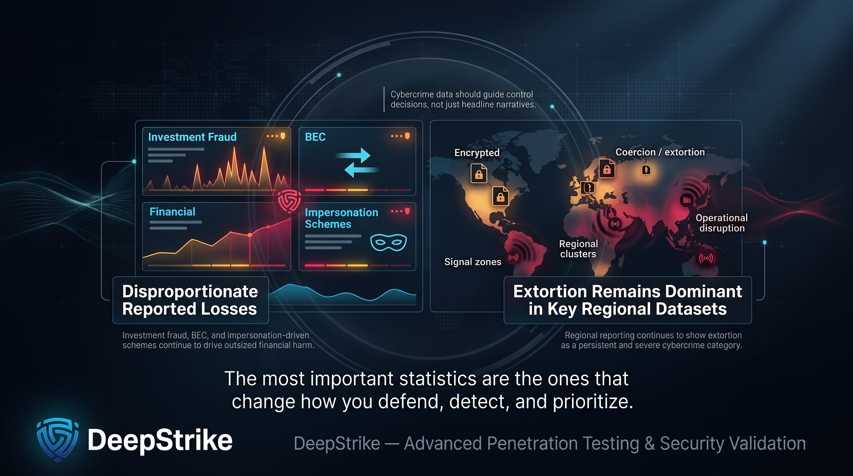 A cinematic cyber-risk dashboard displays multiple crime indicators instead of a single statistic, highlighting investment fraud, BEC, impersonation-driven schemes, and extortion across regional datasets. The visual emphasizes that cybercrime statistics in 2026 should be interpreted as decision signals for security leaders.