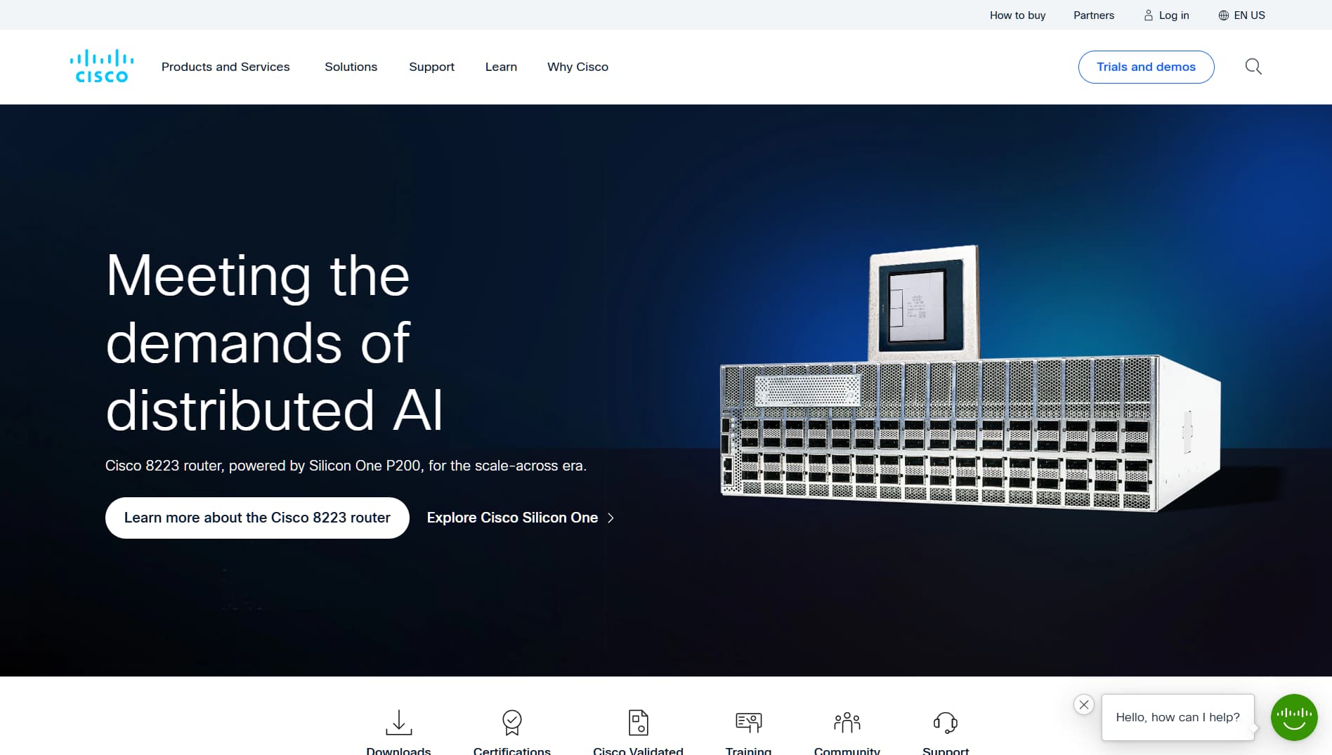 Cisco homepage highlighting AI-optimized networking with the Silicon One router and the headline ‘Meeting the demands of distributed AI