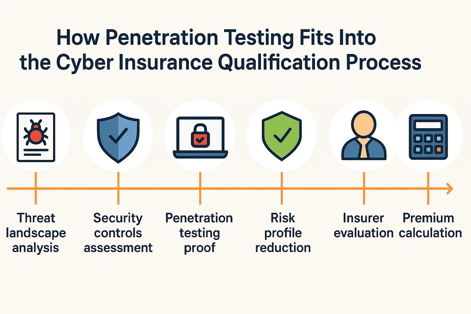 A step-by-step diagram showing how insurers assess cybersecurity maturity, including controls like MFA, IR plans, and penetration test validation