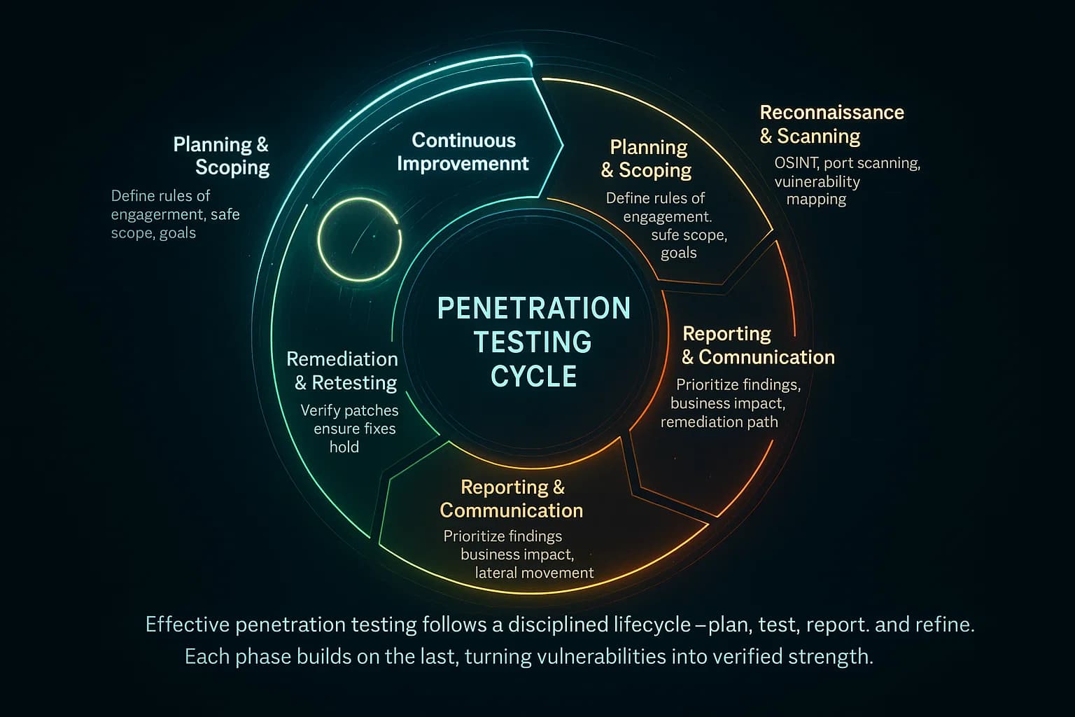 A flowing process timeline and circular lifecycle infographic, animated like a cyber-operations dashboard with smooth kinetic transitions between phases. Each stage lights up sequentially, showing how structured testing turns findings into actionable security improvements.