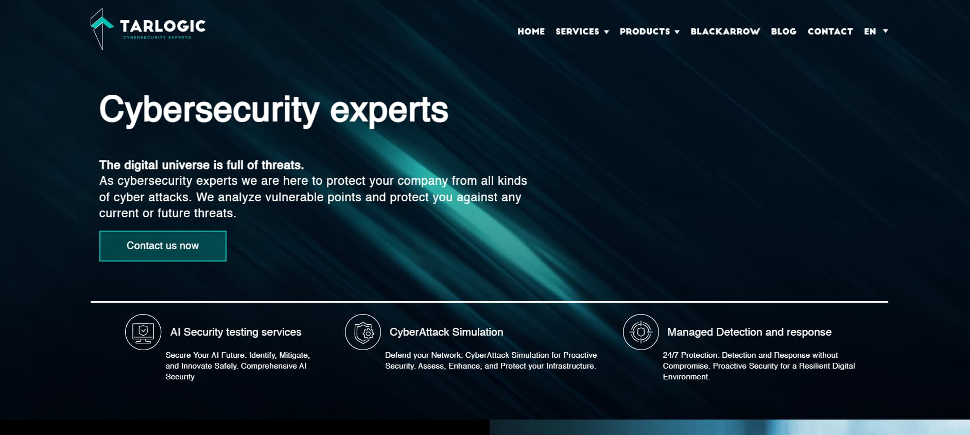 Dark blue website hero section with diagonal light streaks, headline “Cybersecurity experts,” descriptive text about digital threats, and a “Contact us now” button with service icons below.
