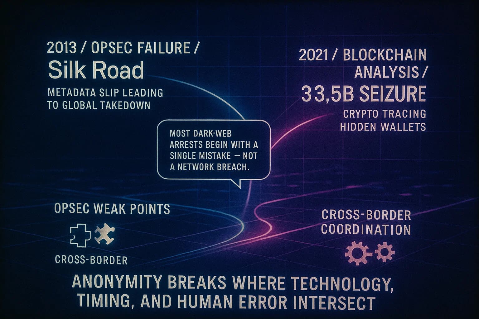 “A dark, data-driven landscape visualizes how law enforcement unravels hidden identities on the dark web—tracking crypto flows, correlating digital traces, and exploiting OPSEC mistakes as glowing lines converge on suspects through neon-lit network maps.”
