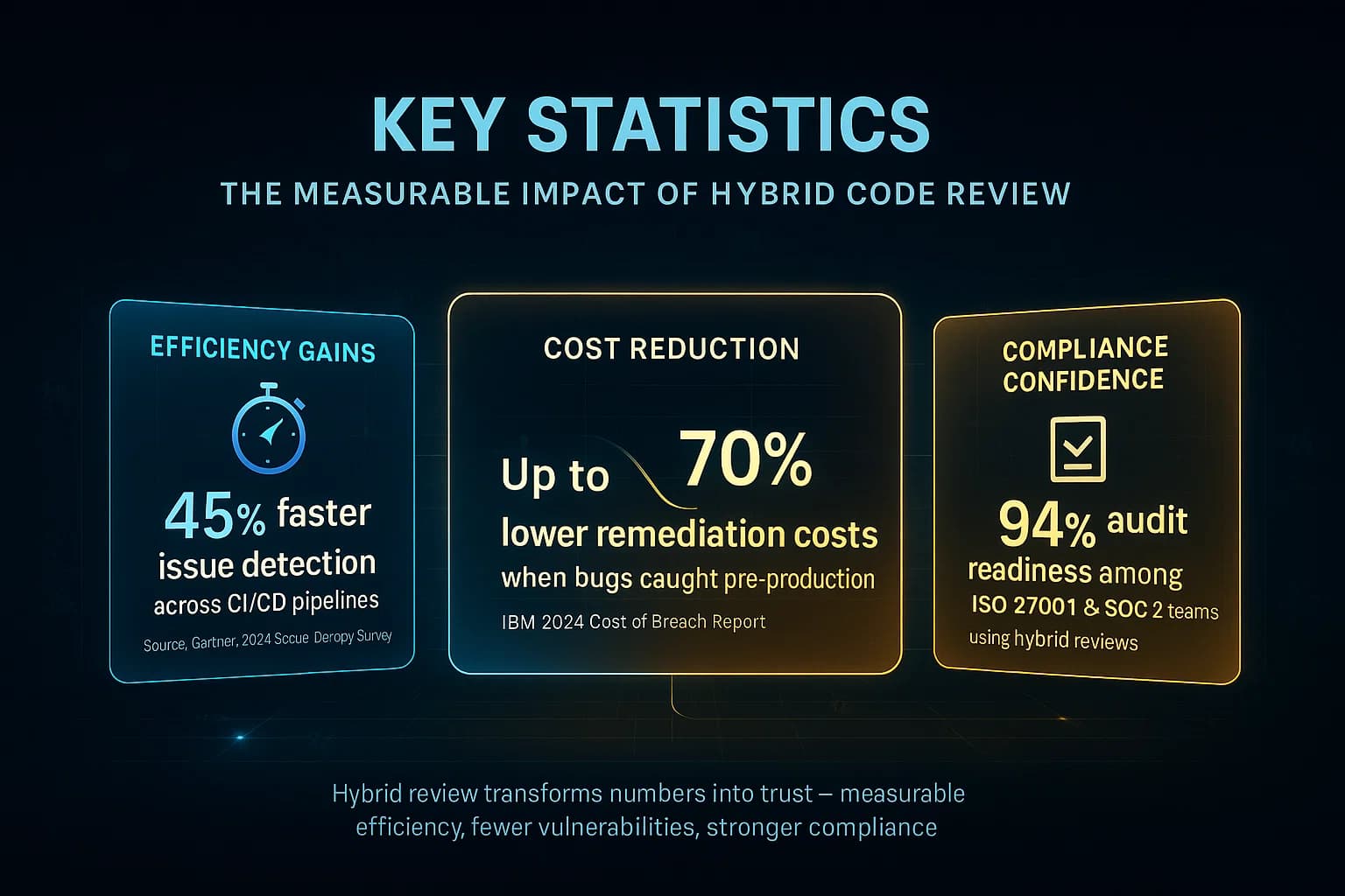 Infographic showing four panels of key statistics related to hybrid code review, displaying metrics on speed, vulnerability reduction, cost savings, and compliance readiness.