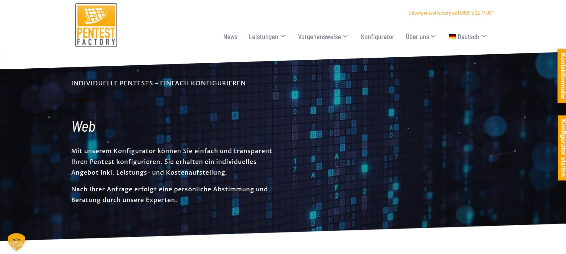 Pentest Factory website – Configurator page for customizable penetration tests with data-matrix background.