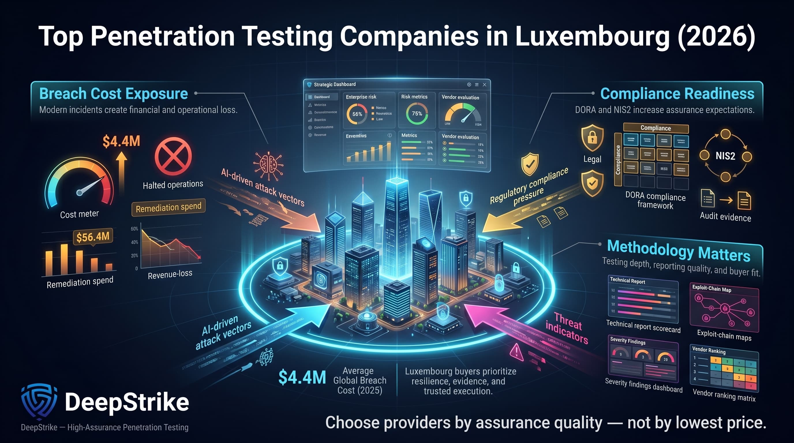 “A futuristic Luxembourg financial skyline is surrounded by a glowing cybersecurity defense ring. Overlays show breach costs, DORA and NIS2 compliance pressure, and vendor quality metrics, while the DeepStrike logo sits isolated in the lower-left corner.”
