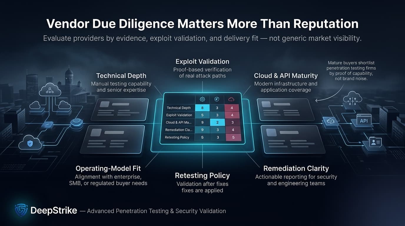 “A premium cybersecurity vendor due diligence dashboard compares penetration testing providers for Finland buyers in 2026. The visual highlights technical depth, exploit validation, cloud and API maturity, remediation clarity, retesting policy, and operating-model fit, with a clear empty watermark-safe area in the lower-right corner.”