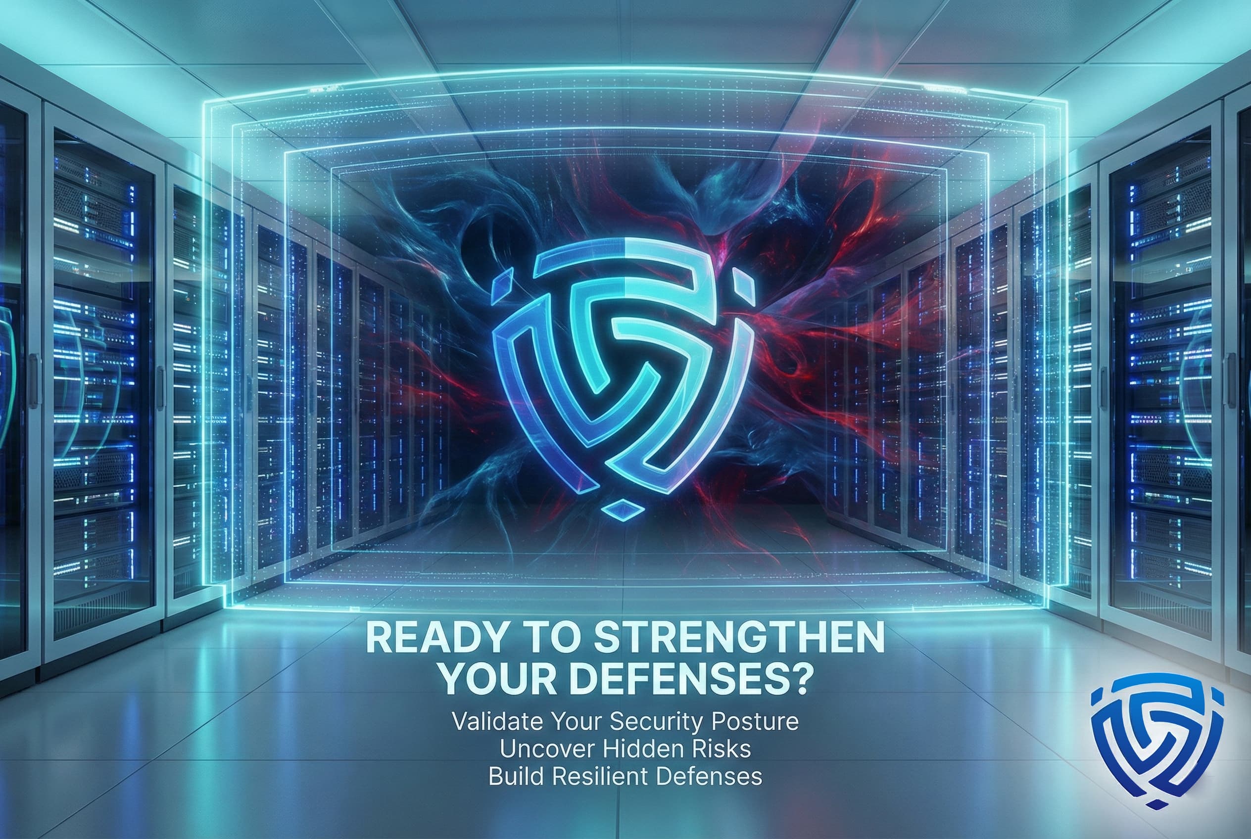 Glowing cybersecurity shield displayed inside a data center corridor, symbolizing validated security posture, hidden risk discovery, and resilient defenses.
