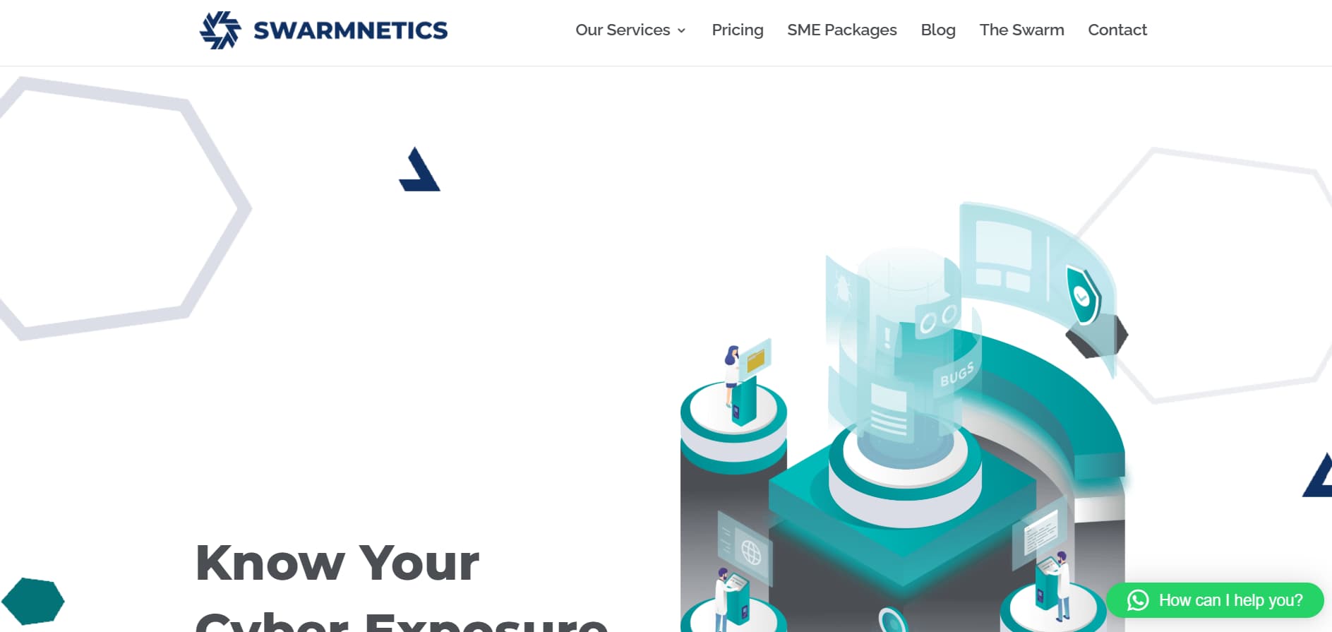 Alt: “Swarmnetics cybersecurity services homepage with abstract teal security illustration and ‘Know Your Cyber Exposure’ headline.”