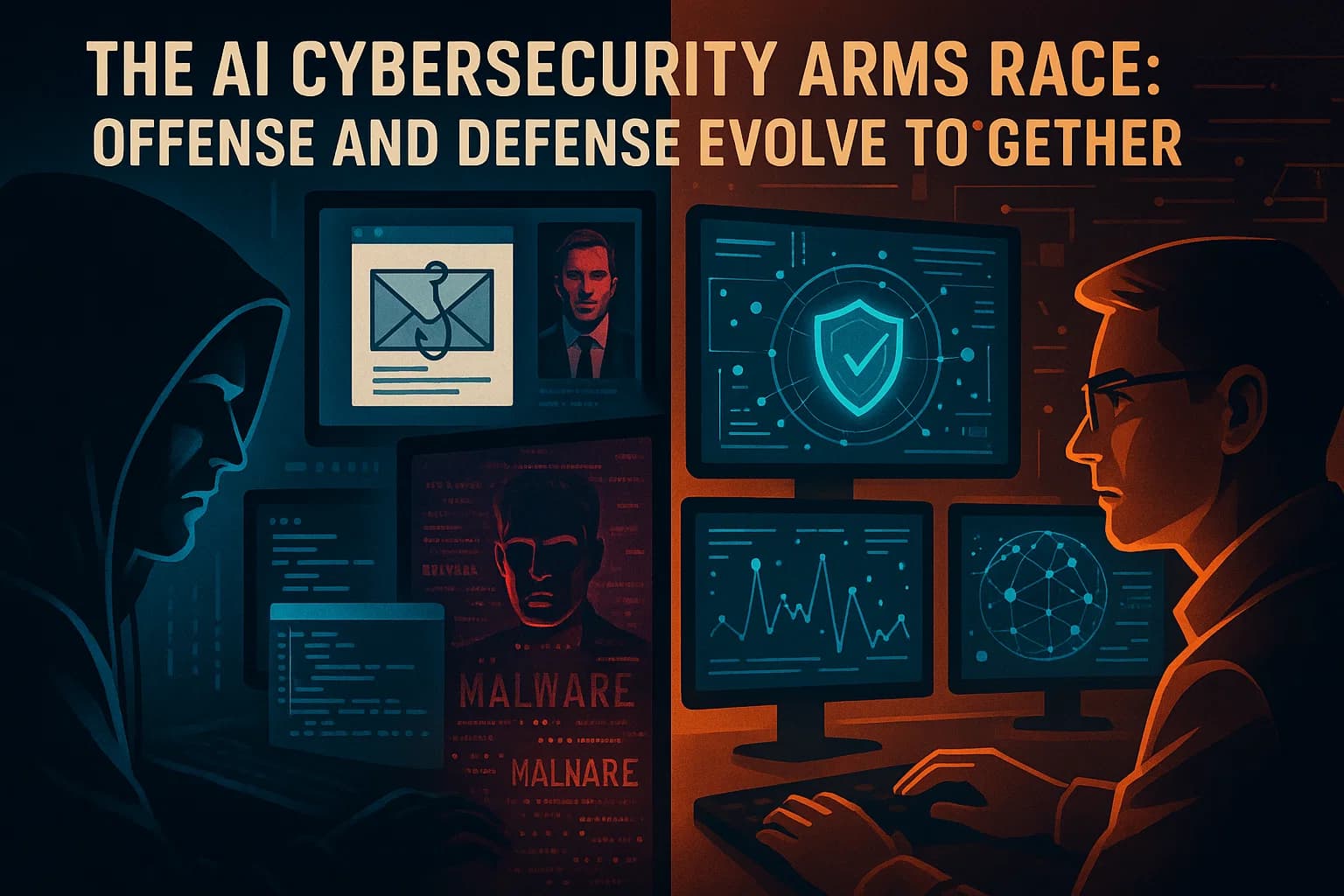 A split-screen digital illustration of artificial intelligence in cybersecurity, showing attackers using AI for phishing, deepfakes, and malware on one side, and defenders using AI for threat detection on the other.