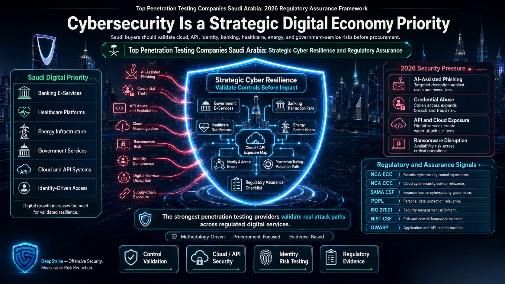 “A premium cybersecurity assurance dashboard for Saudi Arabia shows a futuristic Riyadh digital economy environment protected by a glowing shield. Banking, healthcare, energy, government services, cloud, API, and identity systems appear inside the protected core. Regulatory and assurance signals appear on the right, while the lower-right corner is intentionally empty for watermark removal.”