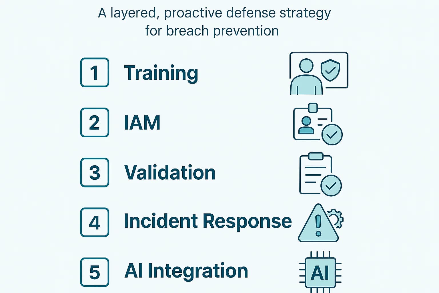 Checklist showing five steps to prevent data breaches: training, IAM, validation, incident response, and AI integration