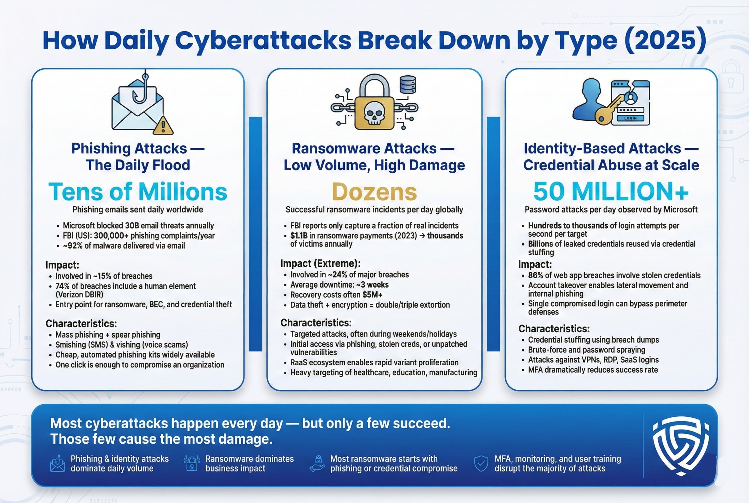 Infographic showing phishing and credential attacks occur at massive daily scale, while ransomware is lower volume but causes the most financial and operational damage.