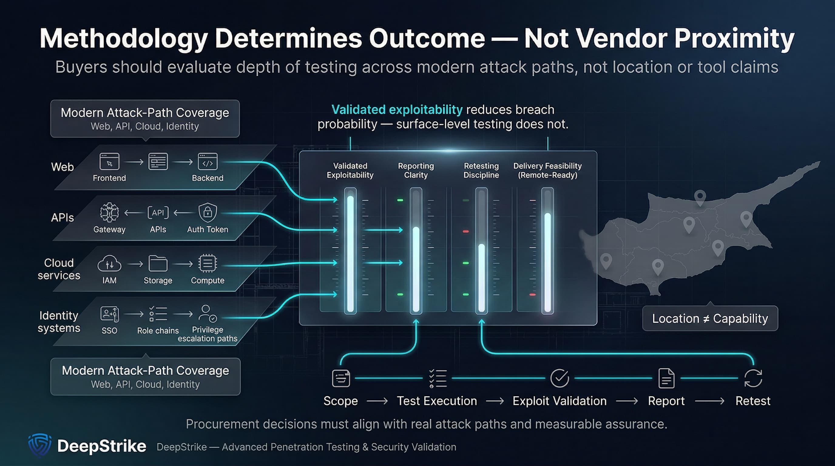 “A cybersecurity decision visualization shows an evaluation matrix prioritizing exploit validation, reporting clarity, retesting, and remote delivery, while attack-path diagrams feed into the system. A faded map of Cyprus in the background indicates that vendor location is less important than testing methodology.”