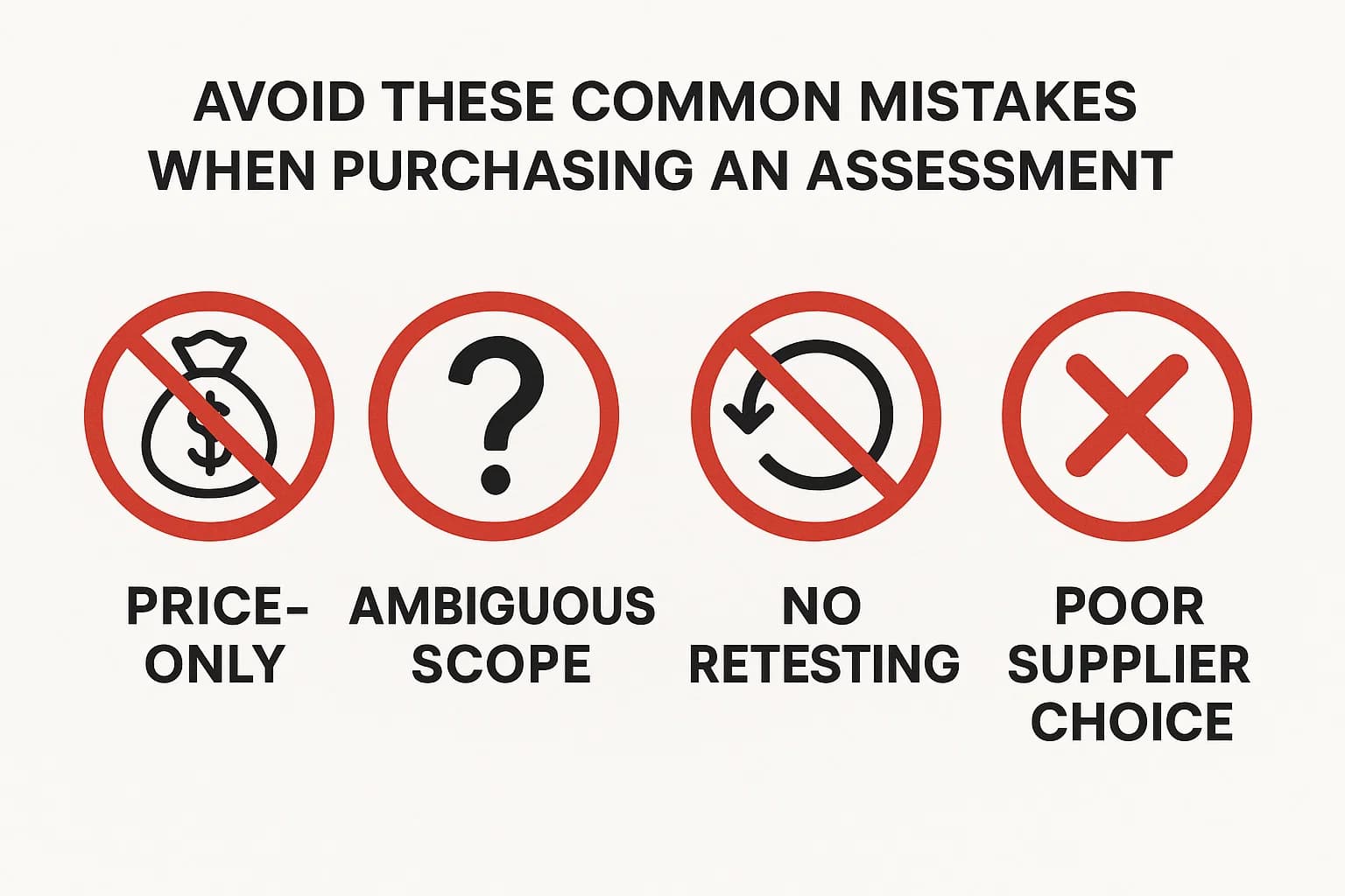 con set showing common mistakes in purchasing vulnerability assessments: focusing on cheapest price, unclear scope, skipping retesting, poor vendor selection.