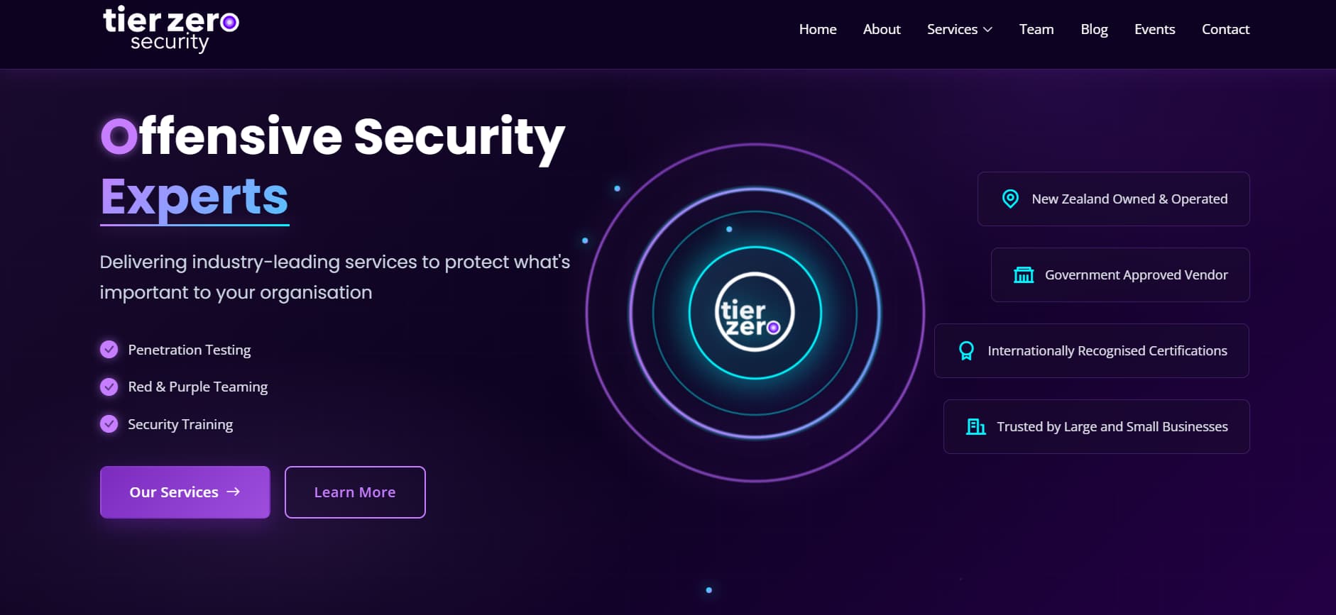 Tier Zero Security New Zealand offensive security experts homepage with purple gradient design and penetration testing services