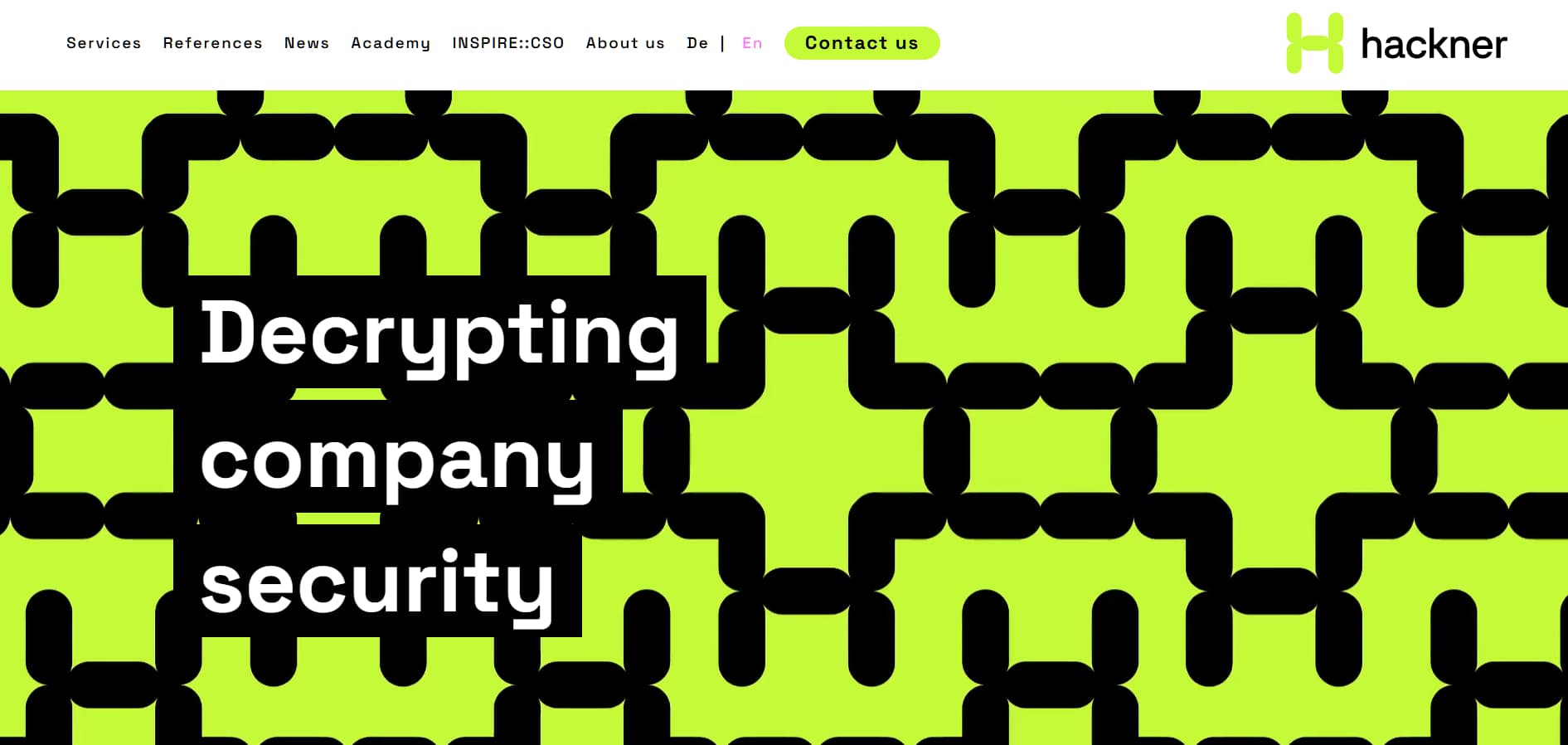 Hackner cybersecurity homepage featuring bold “Decrypting company security” headline on neon green patterned background.