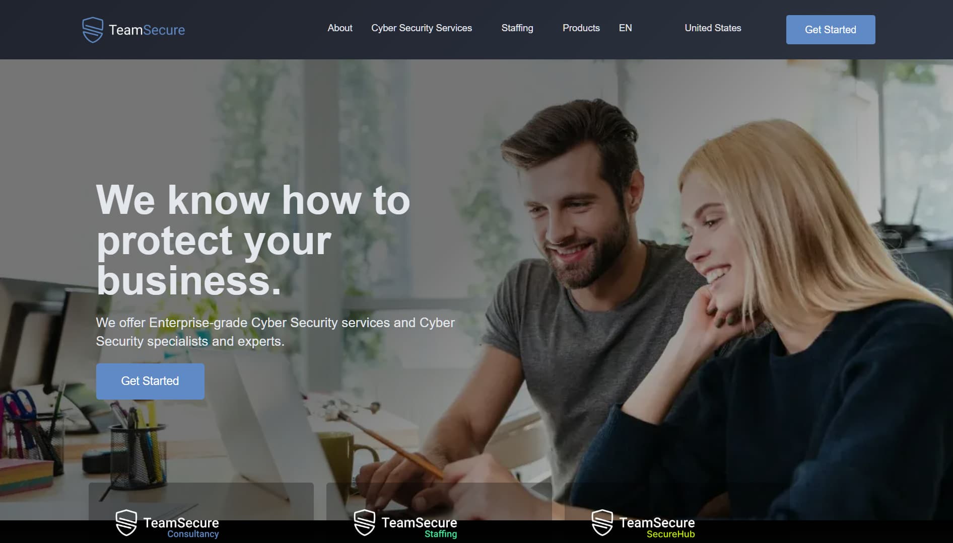 Screenshot of TeamSecure homepage with two professionals collaborating on a laptop and the text ‘We know how to protect your business,’ emphasizing enterprise-grade cybersecurity consultancy