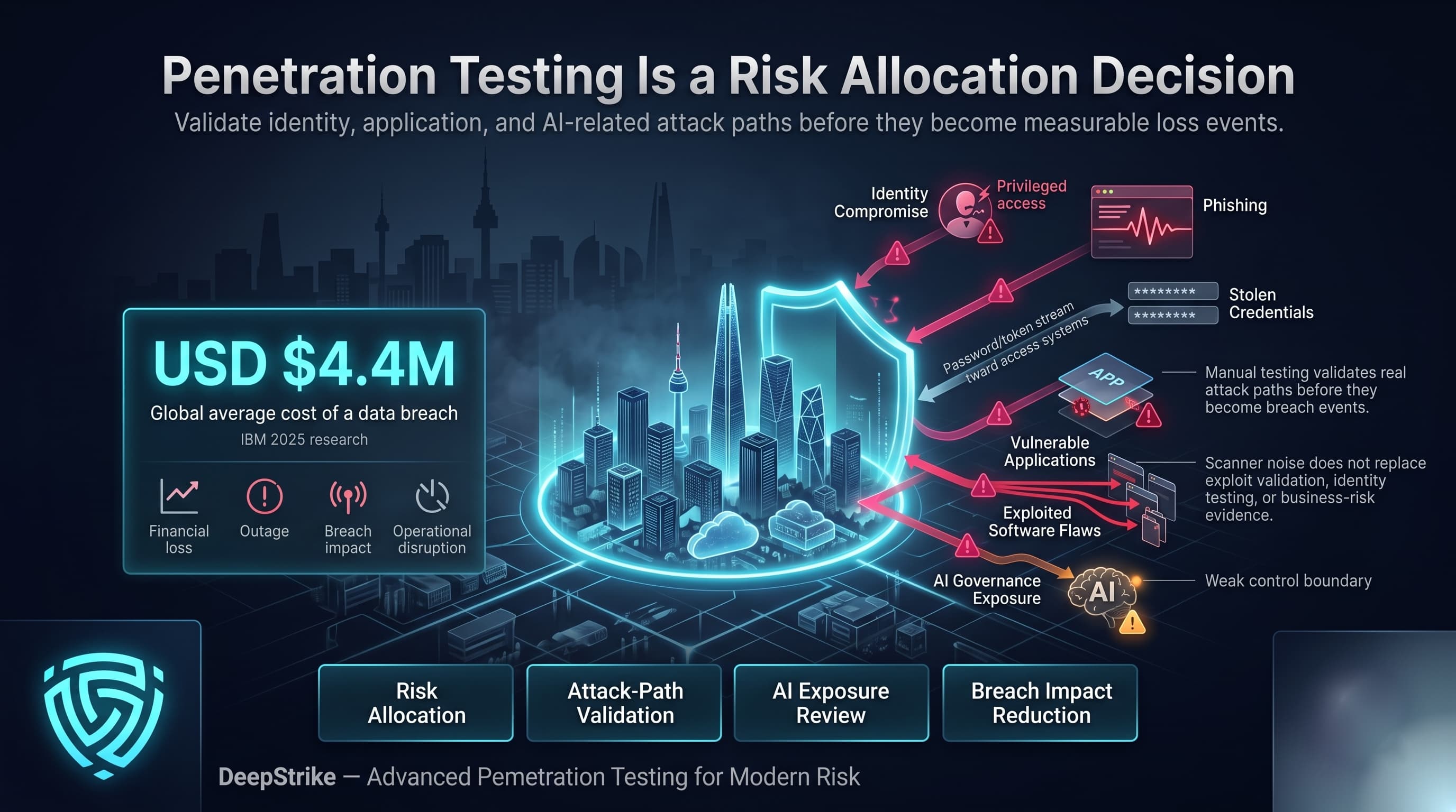 “A premium cybersecurity dashboard shows a futuristic South Korean enterprise skyline protected by a glowing shield. A USD 4.4 million breach cost metric appears on the left, while threat paths for phishing, stolen credentials, identity compromise, vulnerable applications, exploited software flaws, and AI governance exposure approach from the right. DeepStrike branding appears isolated in the lower-left corner, with the lower-right corner reserved as empty watermark-safe space.”