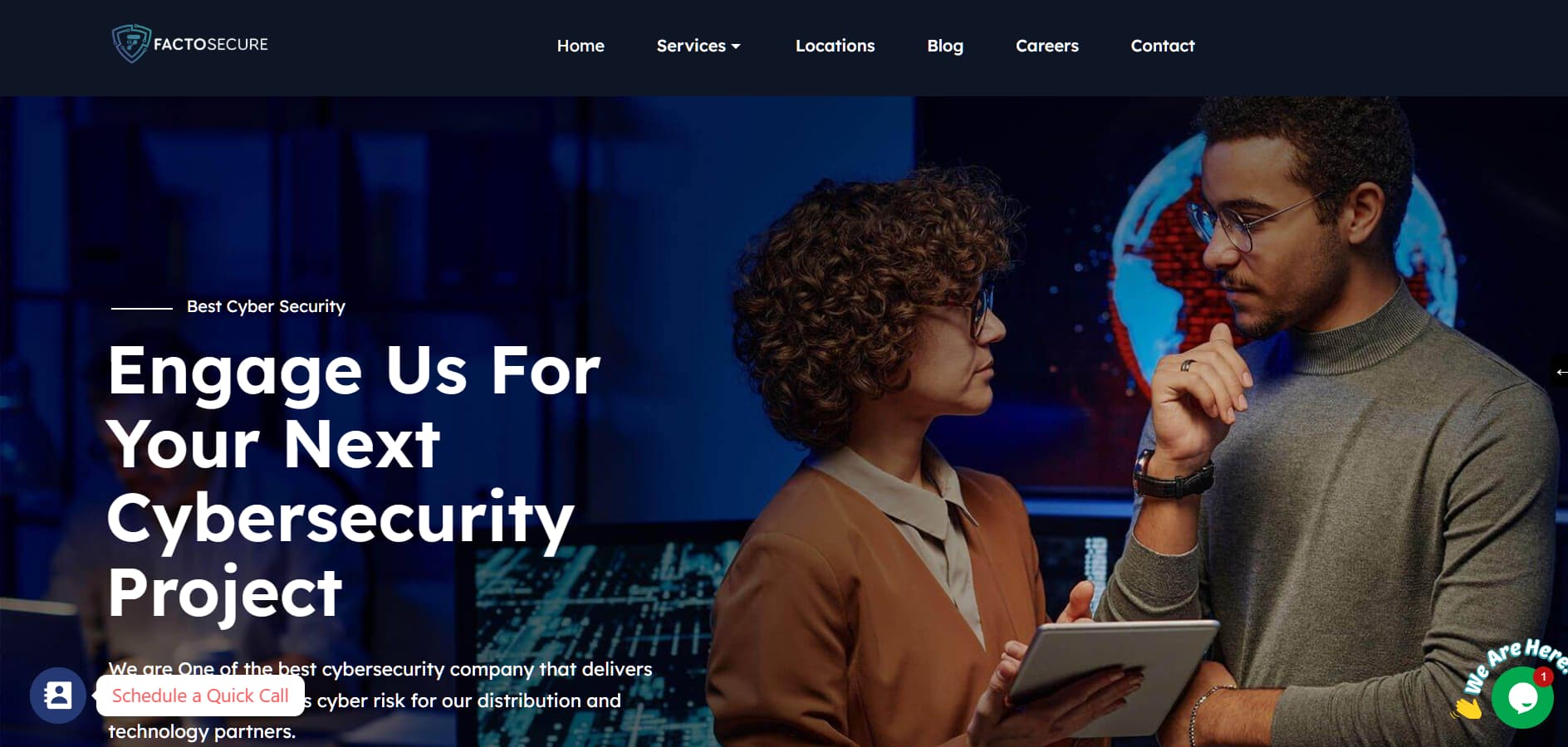 Factosecure cybersecurity consulting homepage showing two professionals discussing a tablet with global security dashboard backdrop.