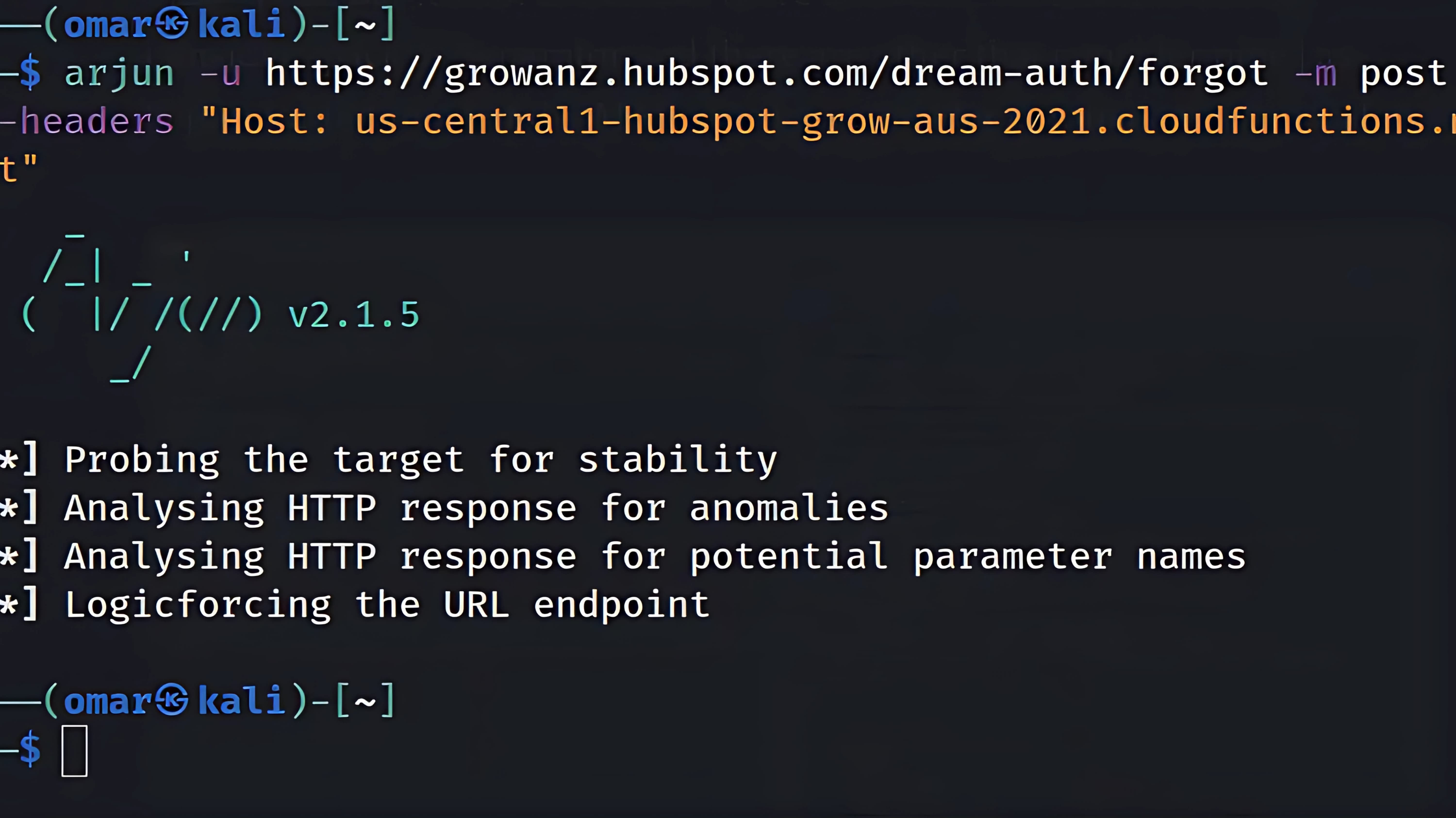 A terminal screenshot showing the "arjun" tool being used to scan a HubSpot URL. The tool is analyzing the HTTP response to discover potential parameter names for the endpoint.