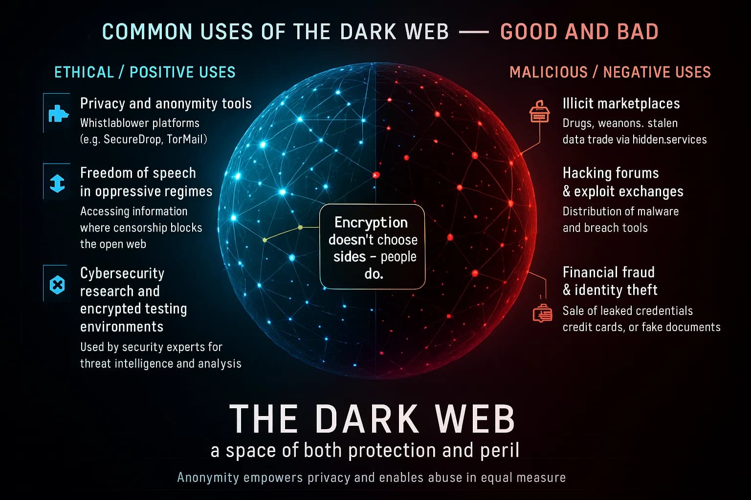 “The Dark Web isn’t purely evil — or purely safe. It hosts whistleblower tools, journalists, and researchers protecting privacy. Yet in the same space, criminals exploit its anonymity for fraud and illegal trade. Encryption itself is neutral — what matters is how it’s used.”