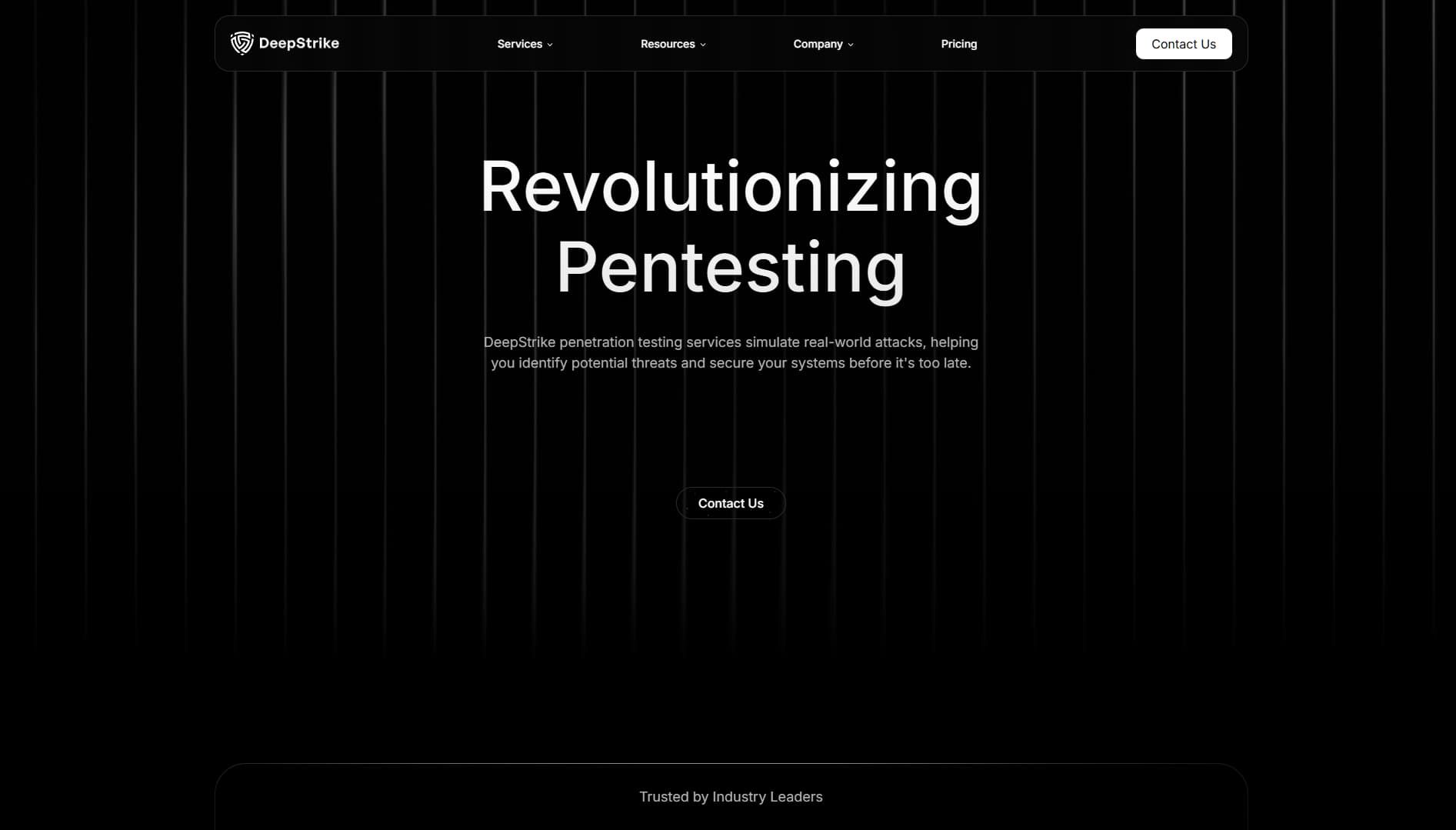 Homepage of DeepStrike featuring a black background with bold white text reading ‘Revolutionizing Pentesting’. The site highlights penetration testing services that simulate real-world attacks.
