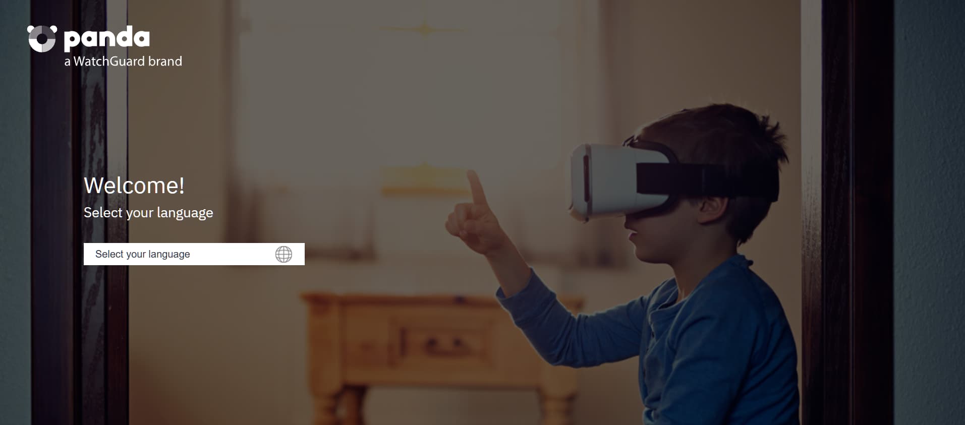 Panda Security website welcome screen with virtual reality headset user and language selection interface