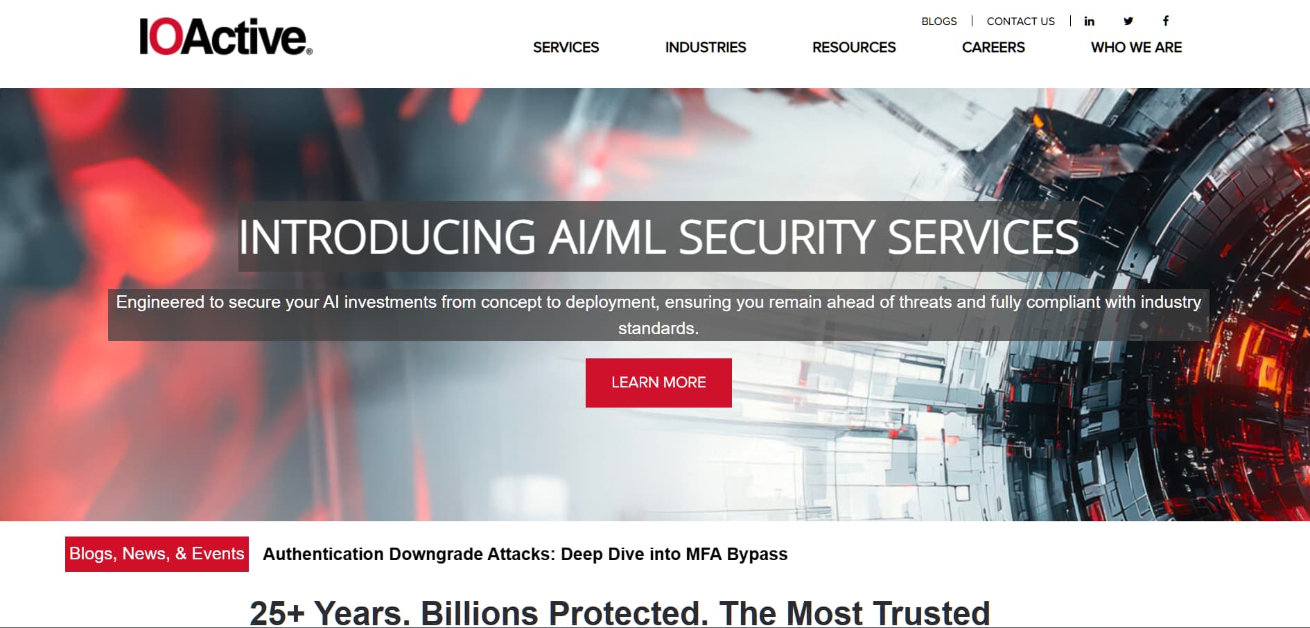 IOActive AI and machine learning security services website hero banner with futuristic red tech background