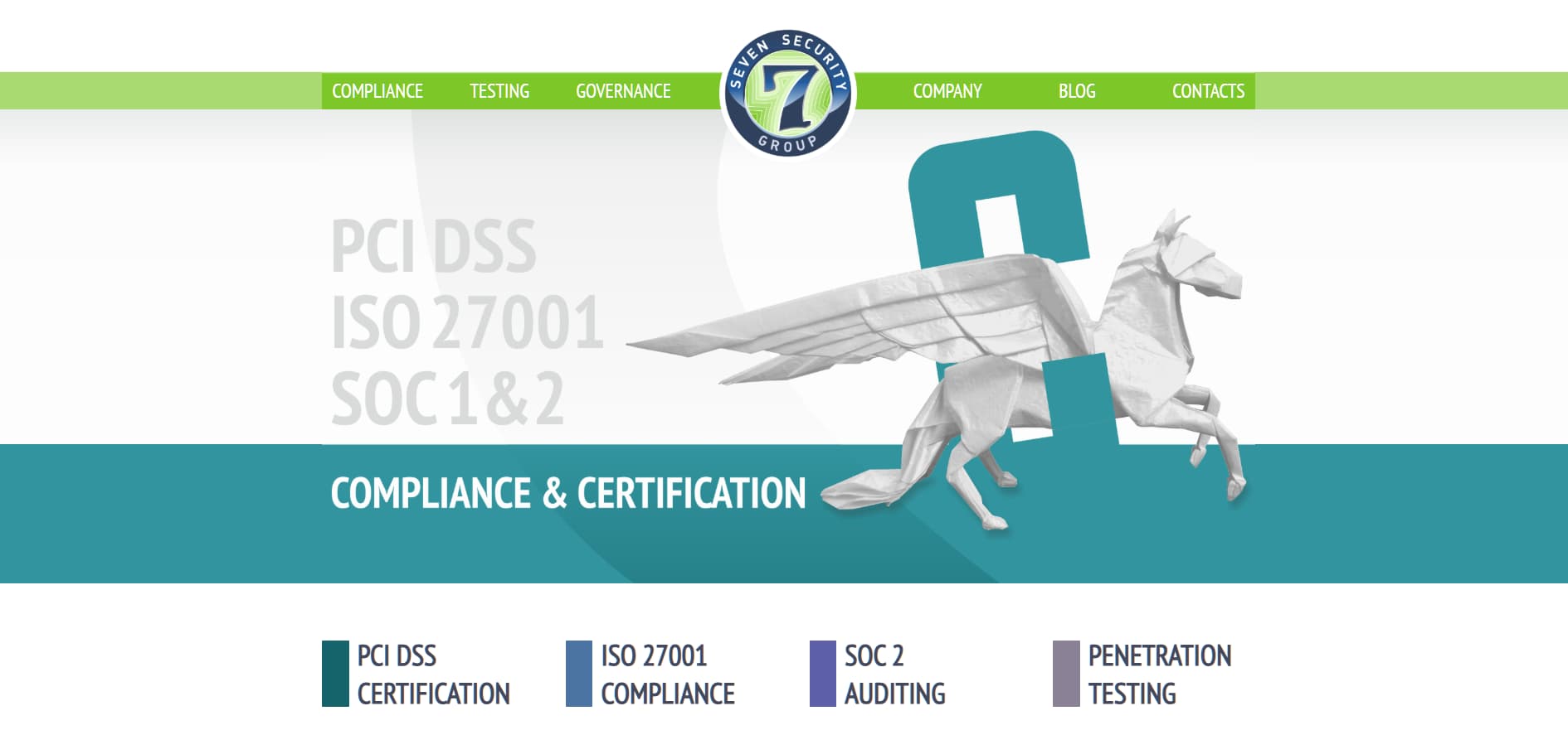 Seven Security Group compliance and certification page highlighting PCI DSS, ISO 27001, and SOC auditing services with Pegasus graphic.
