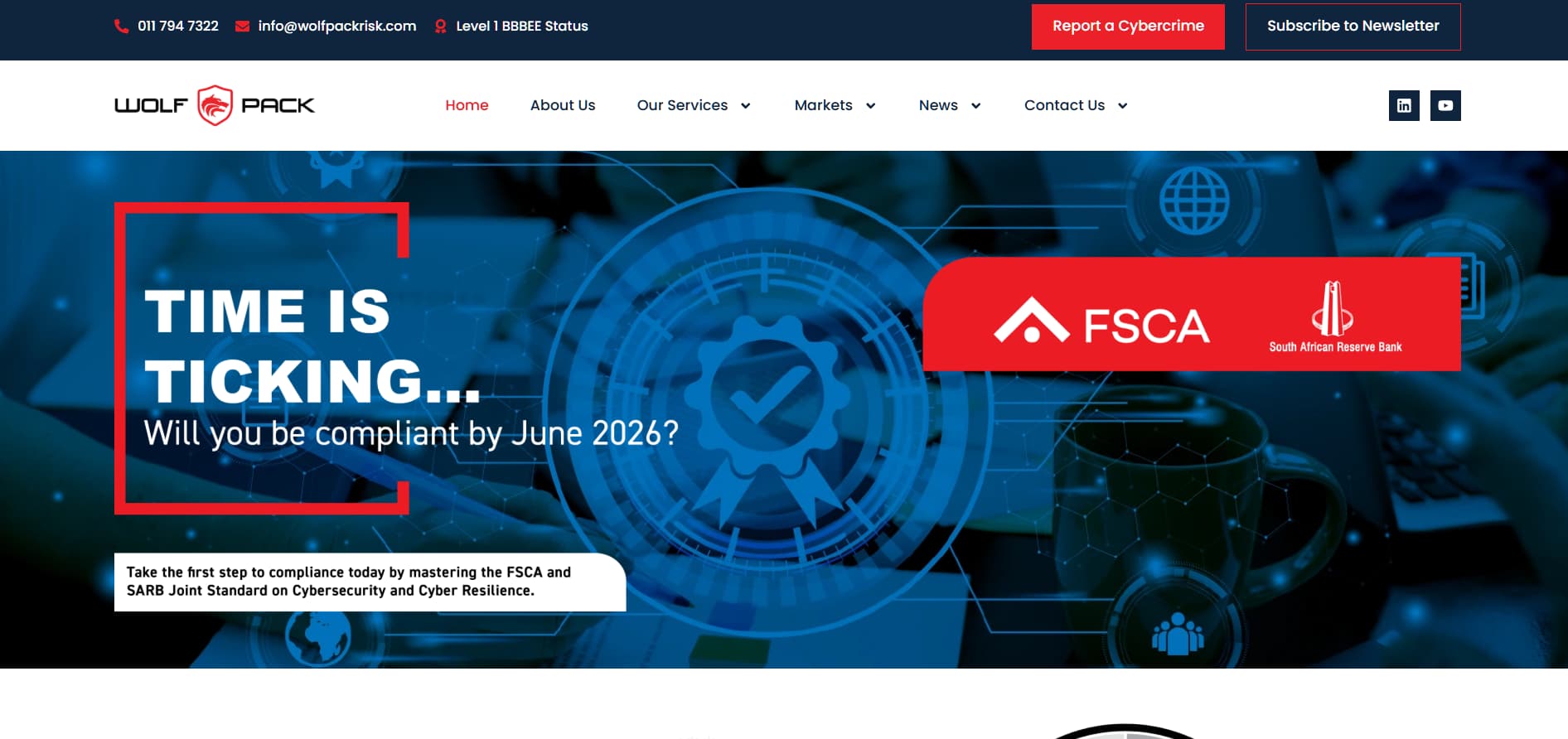 “Wolf Pack cybersecurity website banner with ‘Time Is Ticking’ compliance message, FSCA and South African Reserve Bank logos, and blue digital security graphics.”