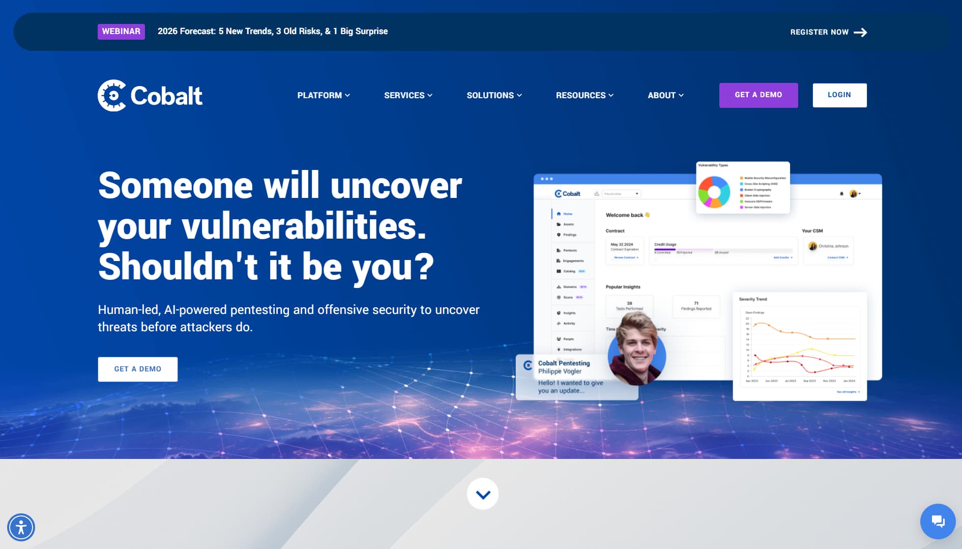 Homepage of Cobalt with a blue background and text reading ‘Someone will uncover your vulnerabilities. Shouldn’t it be you?’ promoting human-led, AI-powered pentesting.