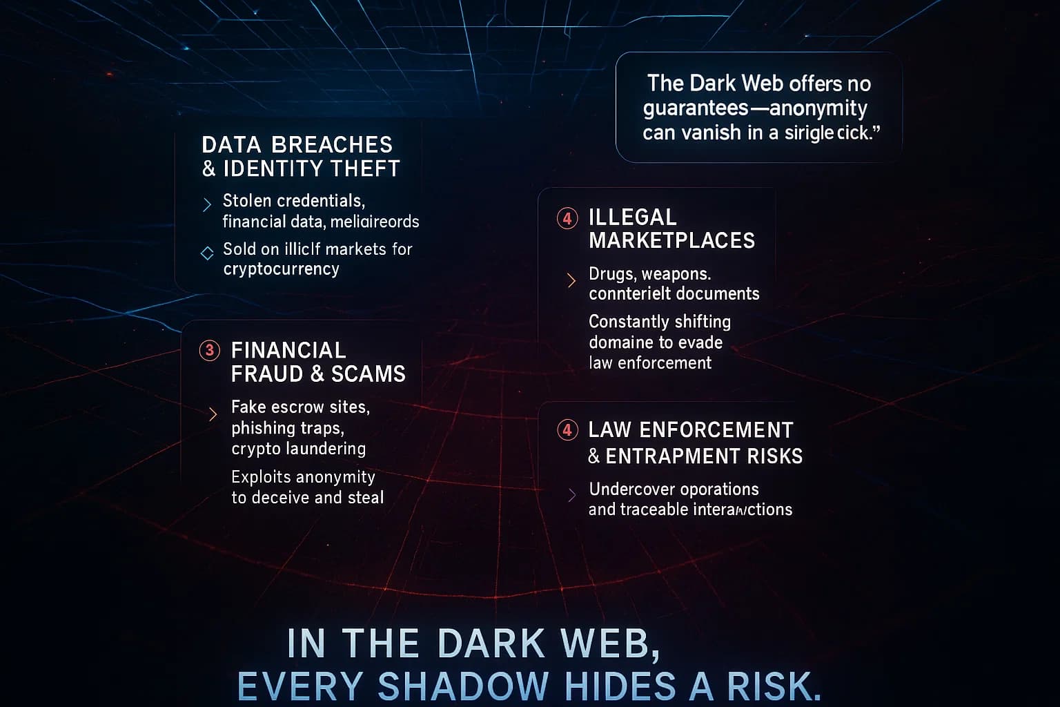 “The Dark Web conceals more than privacy — it hides risk. Behind encrypted addresses and hidden services lie stolen identities, ransomware kits, and fraudulent markets. Even anonymity tools can fail, revealing users to law enforcement or attackers. In the Dark Web, trust is the most dangerous illusion.”