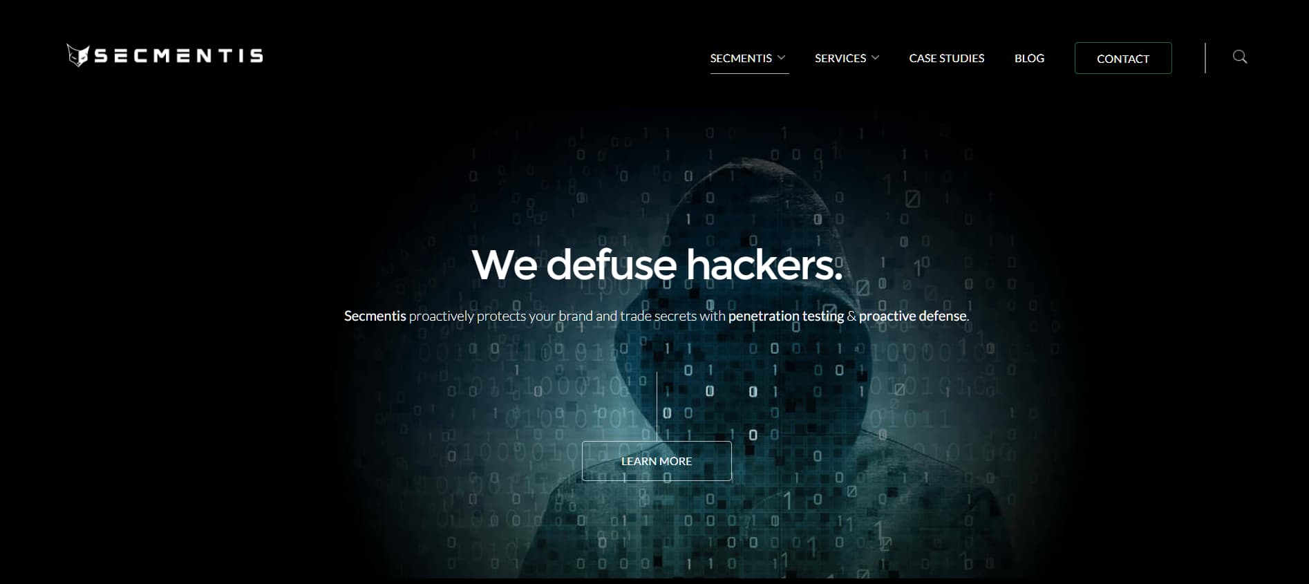 Secmentis homepage showing hooded hacker silhouette with binary code overlay and slogan “We defuse hackers” promoting penetration testing and proactive defense.