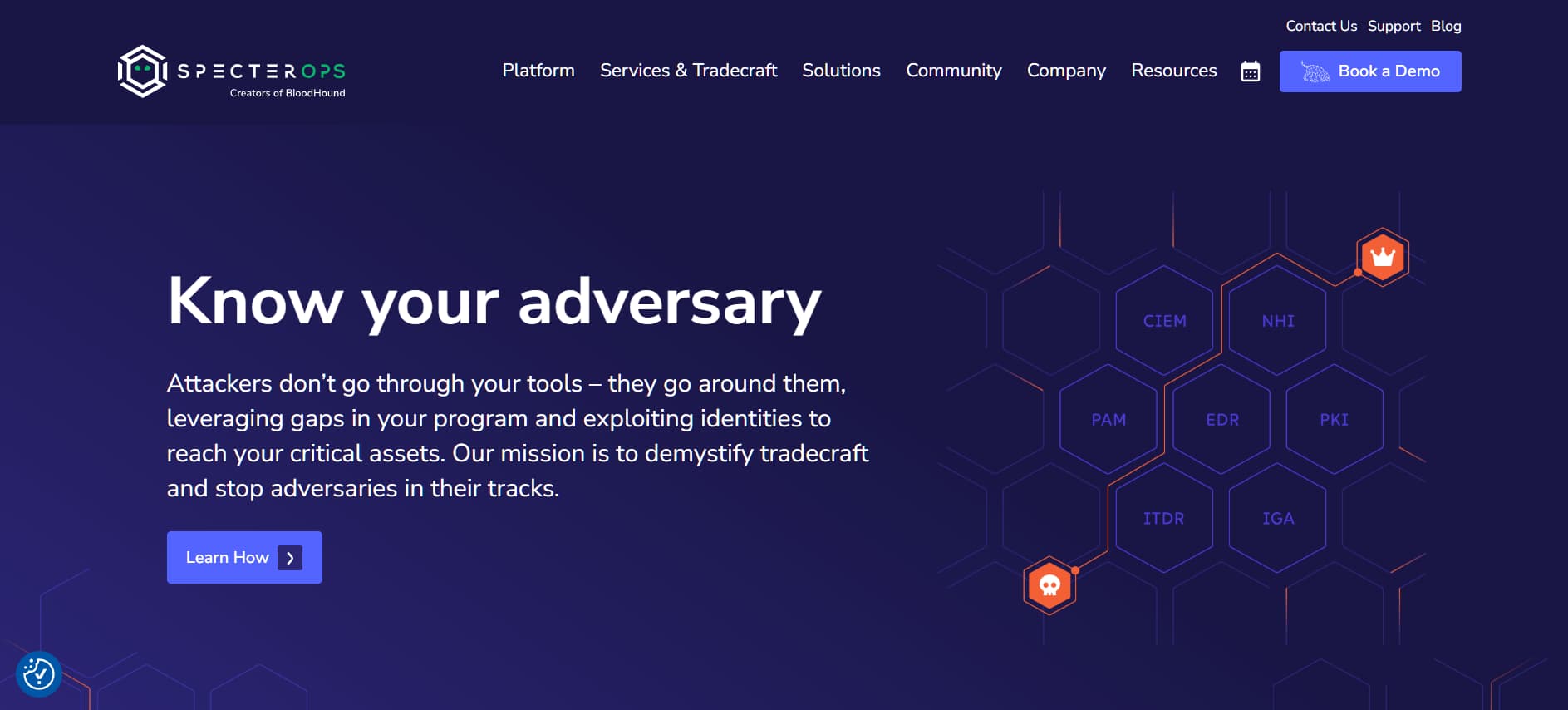 “SpecterOps homepage hero with the headline ‘Know your adversary,’ displaying interconnected hexagonal security concepts such as EDR, PAM, and CIEM on a dark blue background.”